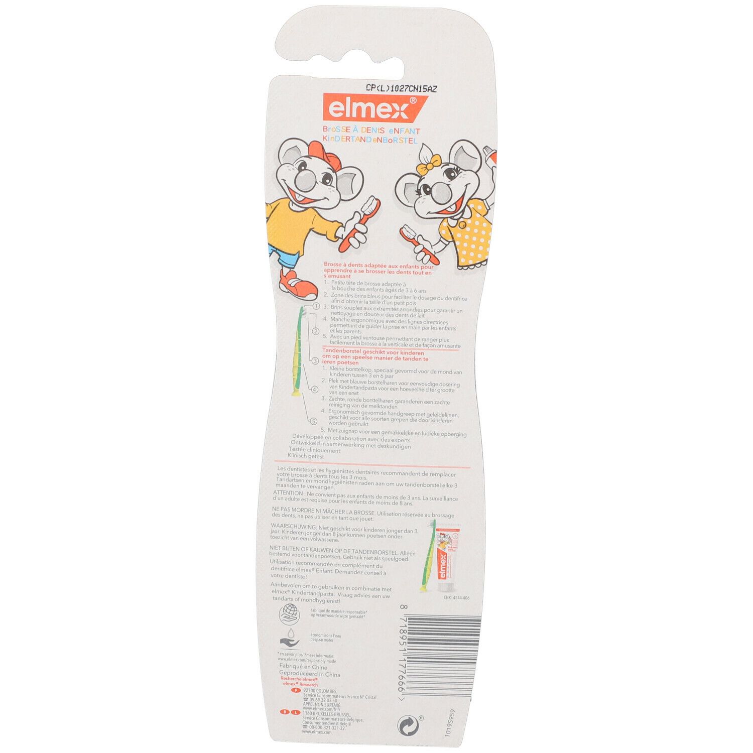 Achterkant van de verpakking met productinformatie en illustraties. Elmex® kindertandenborstel.