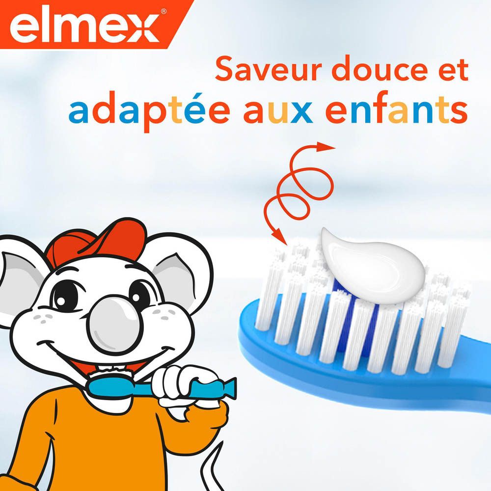 Illustration : brosse à dents avec dentifrice. Texte : Goût doux et adapté aux enfants.