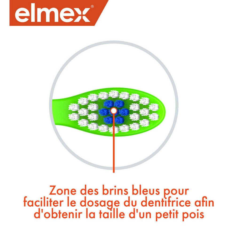 Gros plan : brins bleus. Texte : Zone de brins bleus pour le dosage du dentifrice.