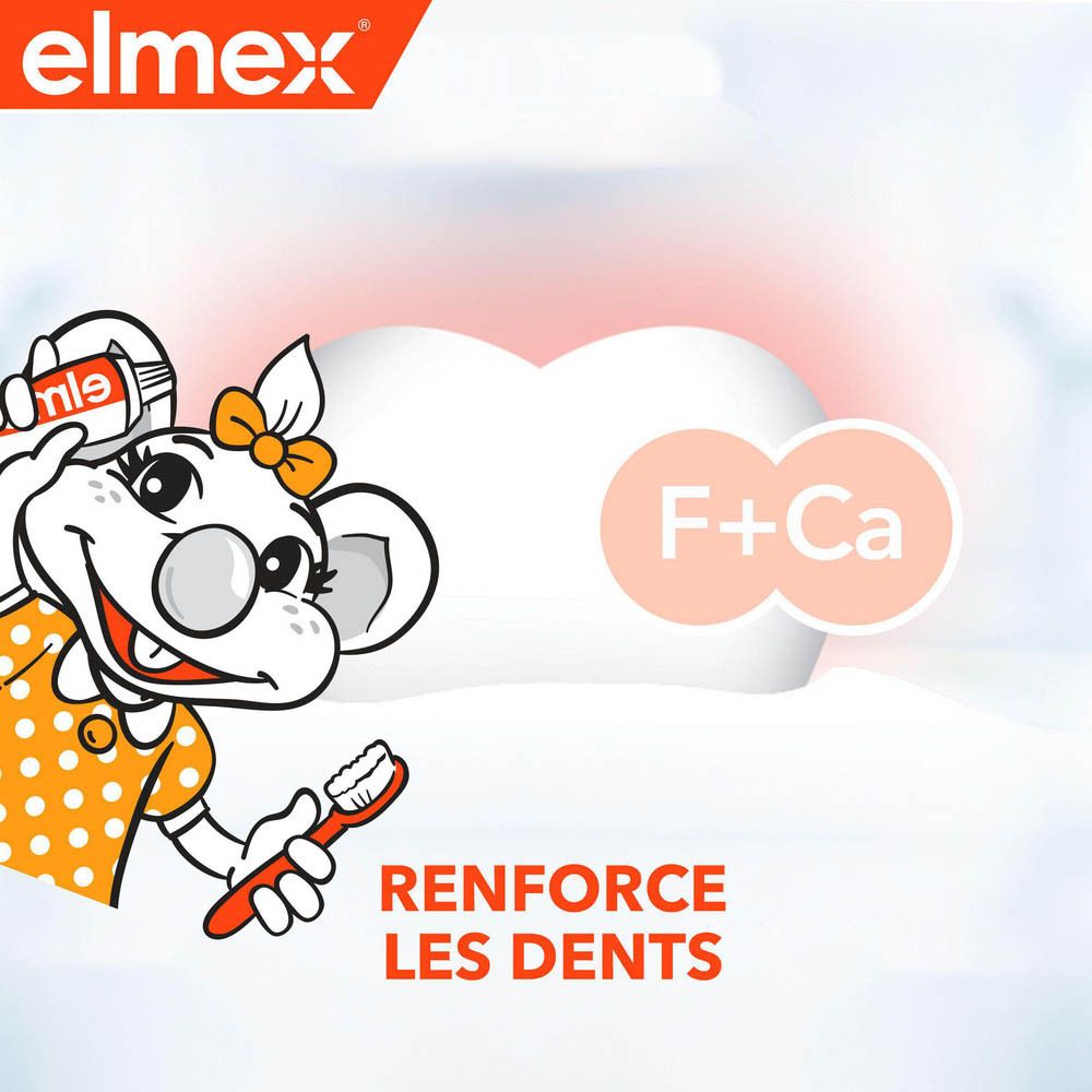 Illustration : souris avec brosse à dents et dentifrice. Texte : Renforce les dents.