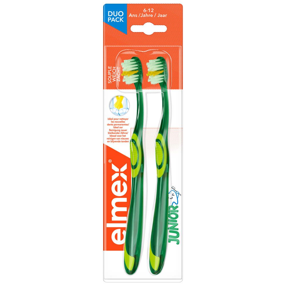 Twee tandenborstels in verpakking. Groen. Opschrift: elmex, DUO PACK, 6-12 jaar.