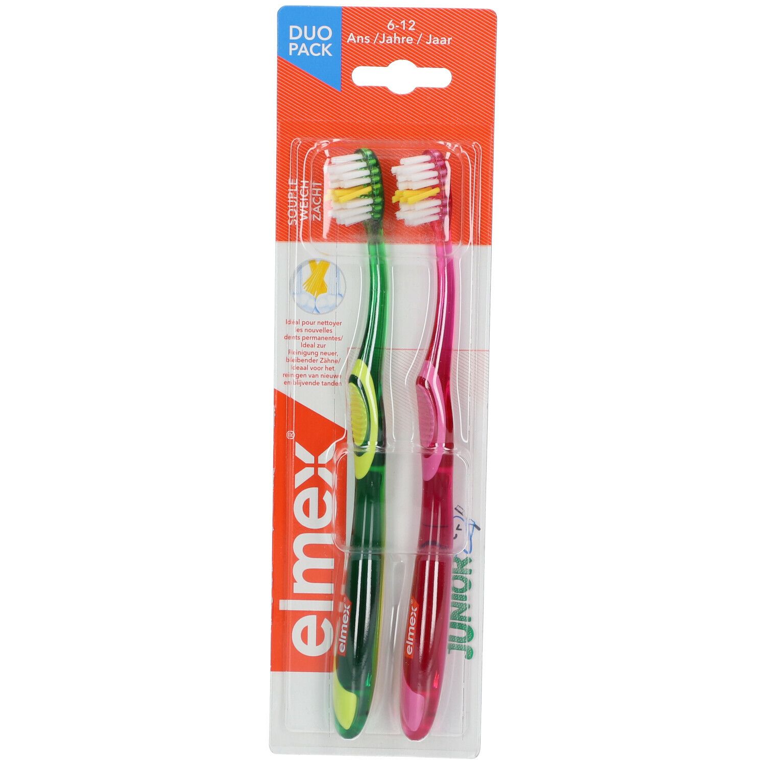 Twee tandenborstels in verpakking. Groen en roze. Opschrift: elmex, DUO PACK, 6-12 jaar.
