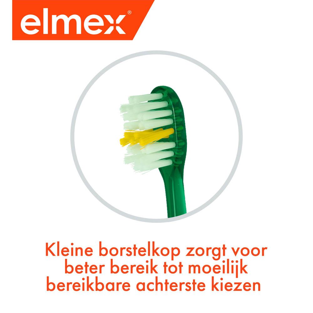 Close-up van de borstelkop. Opschrift: elmex. Tekst: Kleine borstelkop zorgt voor beter bereik tot moeilijk bereikbare achterste kiezen.