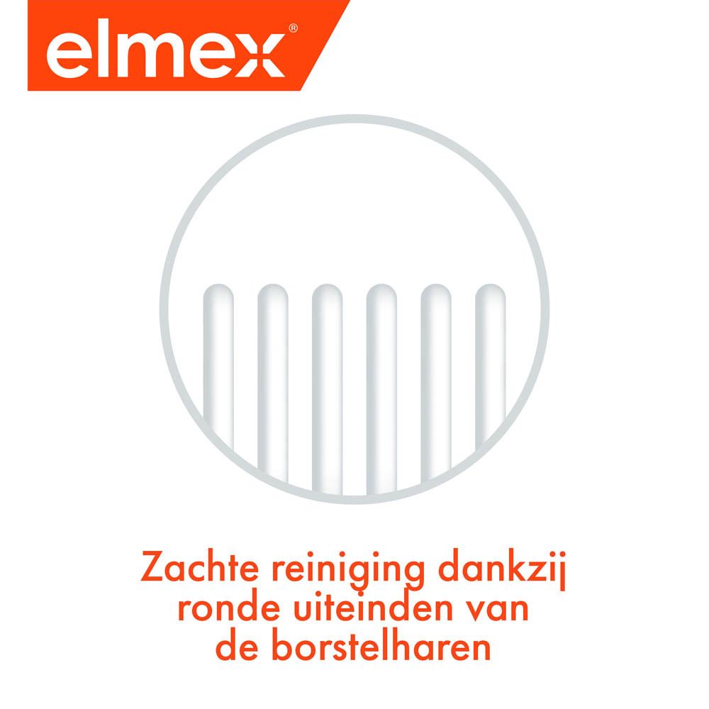 Close-up van de borstelharen. Opschrift: elmex. Tekst: Zachte reiniging dankzij ronde uiteinden van de borstelharen.