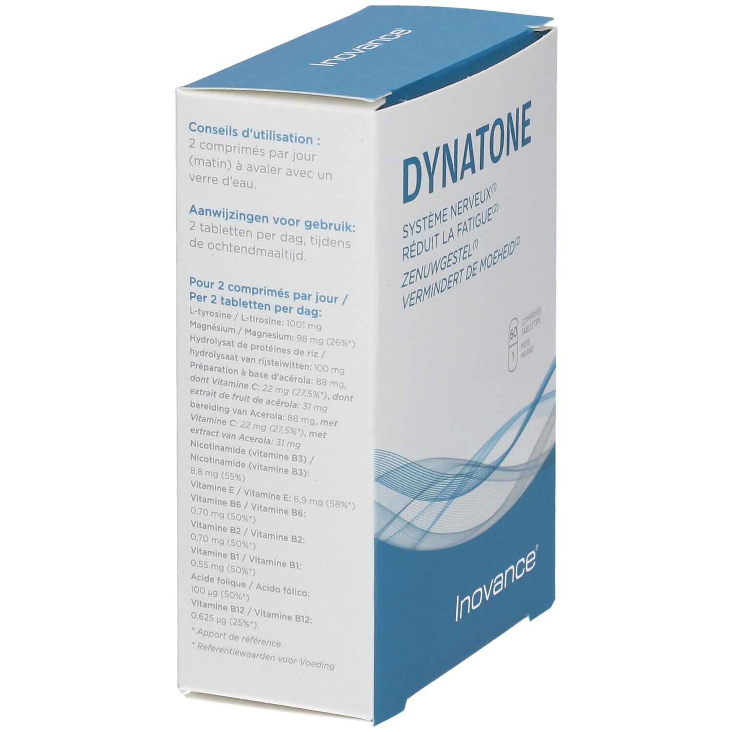 Vue latérale de la boîte Dynatone. Contient des informations sur les ingrédients et l'utilisation. Emballage bleu et blanc.