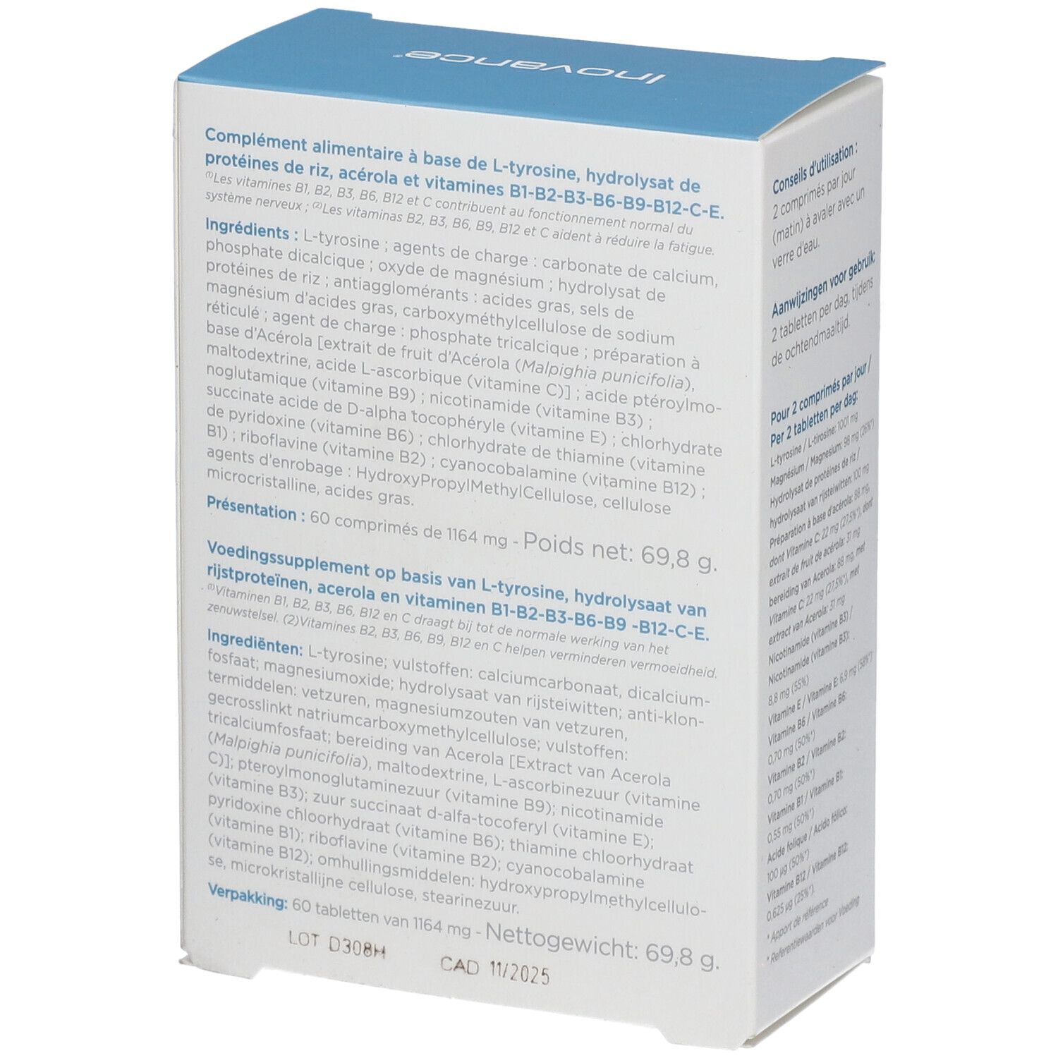 Dos de la boîte Dynatone. Contient des informations sur les ingrédients et les valeurs nutritionnelles. Emballage blanc avec texte.
