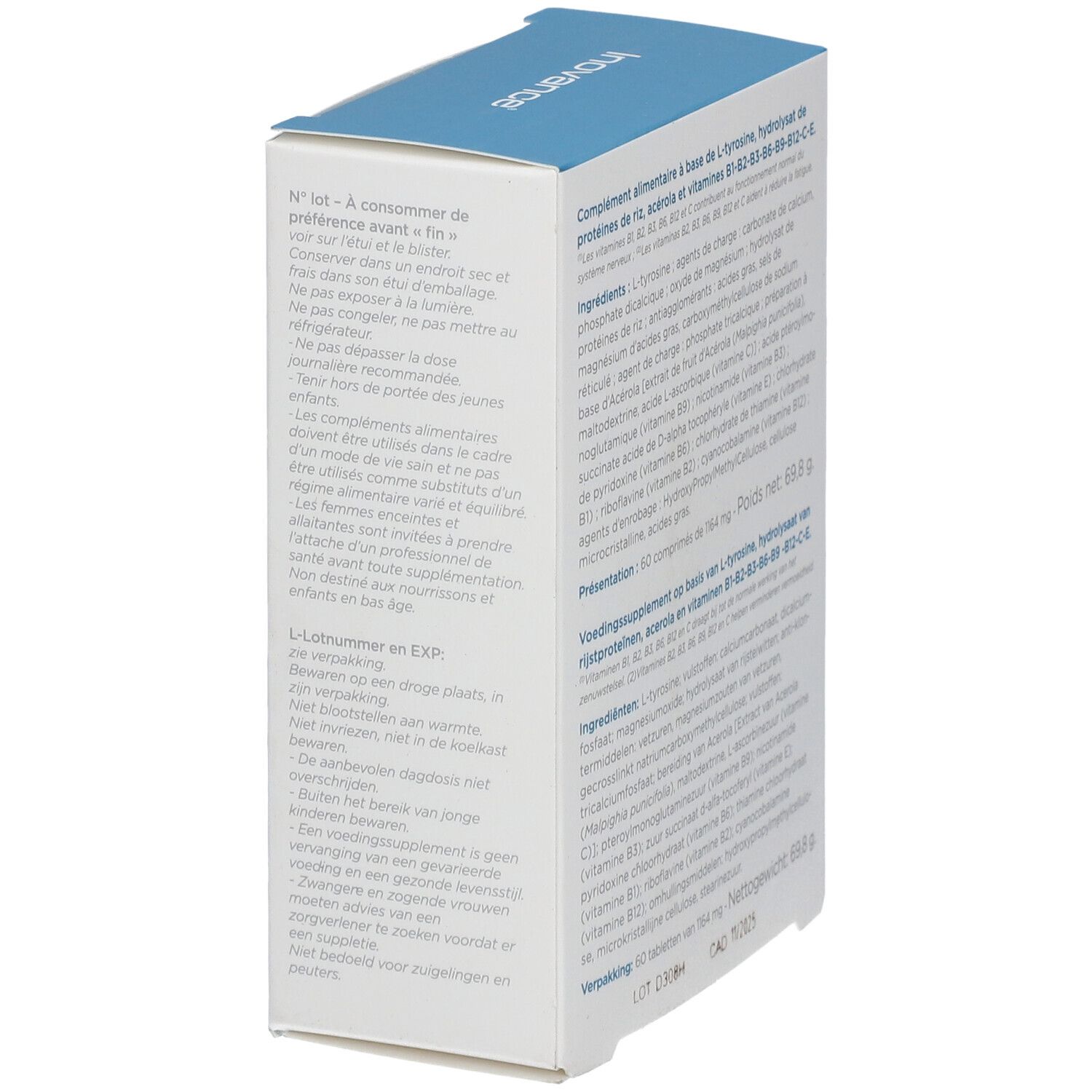 Vue latérale de la boîte Dynatone. Contient des informations de stockage et des avertissements. Emballage blanc.
