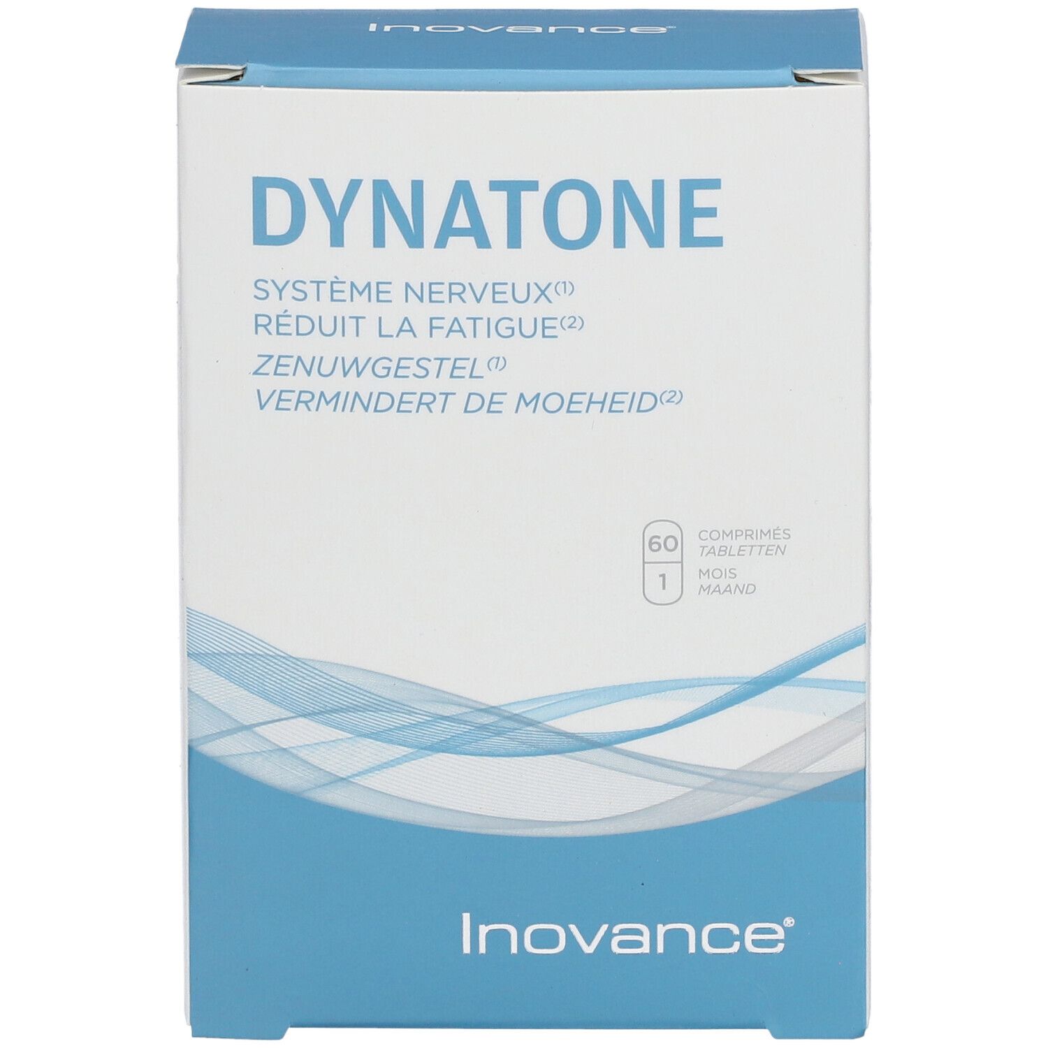 Vue de face de la boîte Dynatone. Emballage bleu et blanc. Contient 60 comprimés. Texte: Système nerveux, Réduit la fatigue.