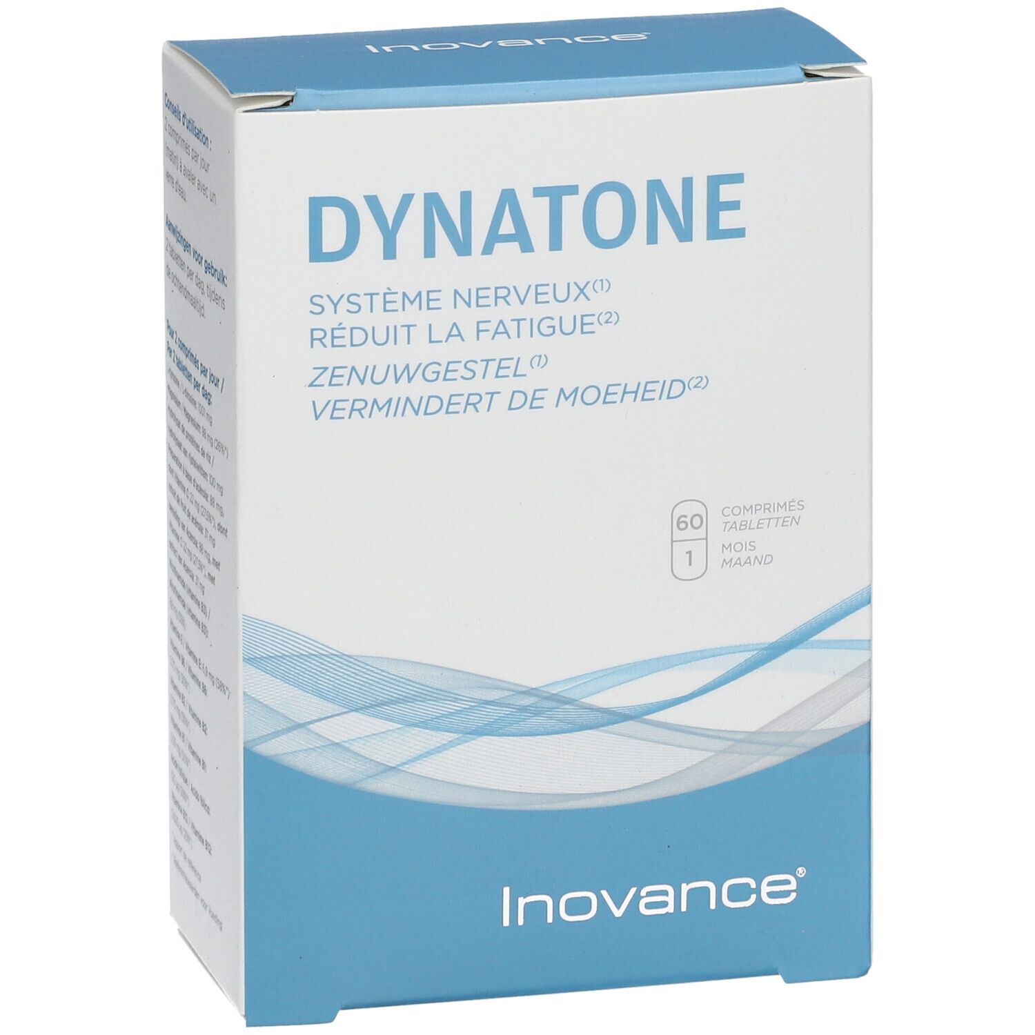 Boîte Inovance Dynatone. Emballage bleu et blanc. Contient 60 comprimés. Texte: Système nerveux, Réduit la fatigue.