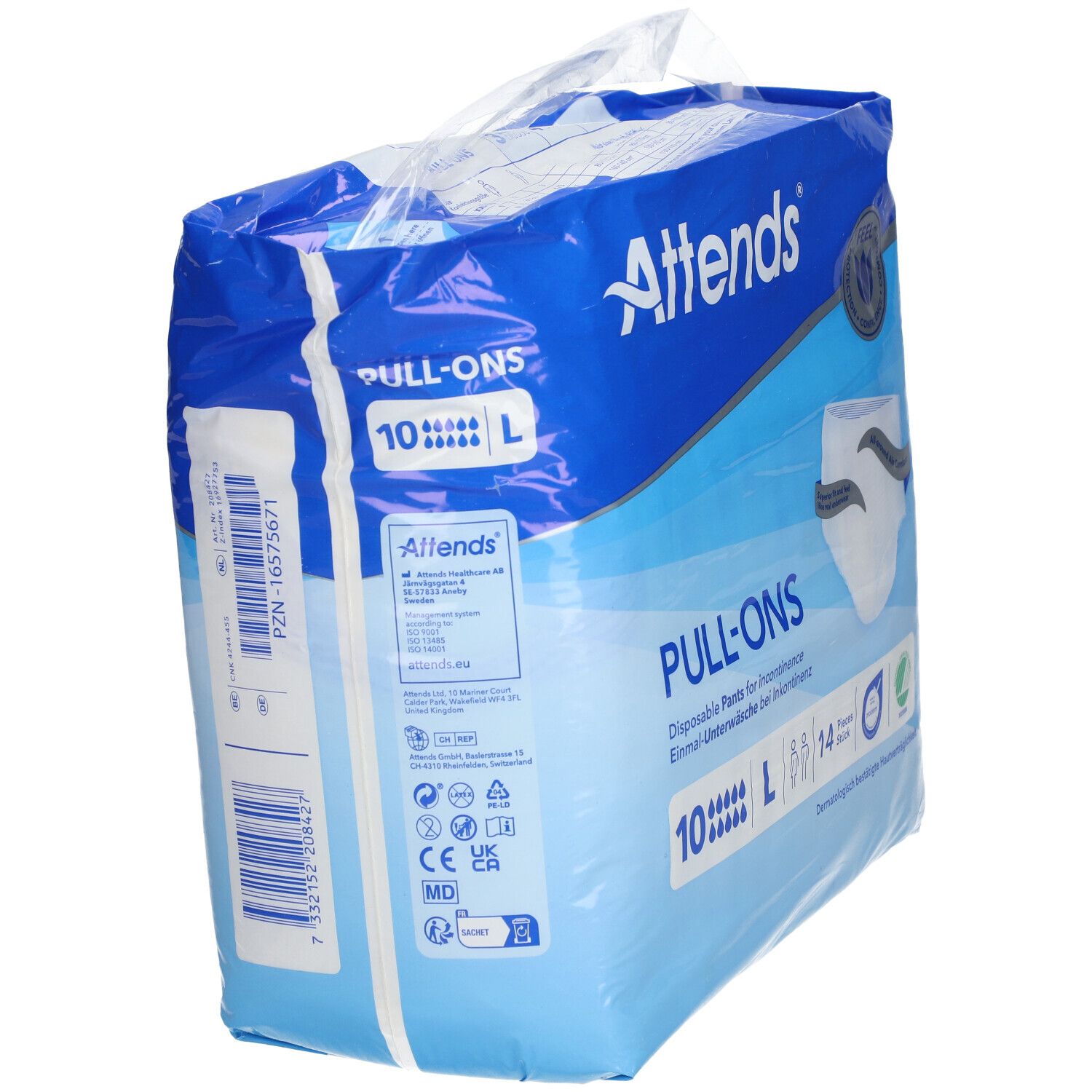 Attends® Slip Pull-Ons 10 L verpakking. Blauwe verpakking, zijaanzicht. Tekst: PULL-ONS, 10, L. Bedrukkingen: CE, MD, UKCA. PZN-nummer.