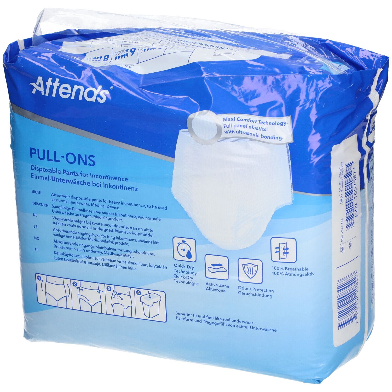 Attends® Slip Pull-Ons verpakking. Blauwe verpakking, achterkant. Tekst: PULL-ONS, Absorberende Pants, Quick Dry, 100% ademend. Pictogrammen.