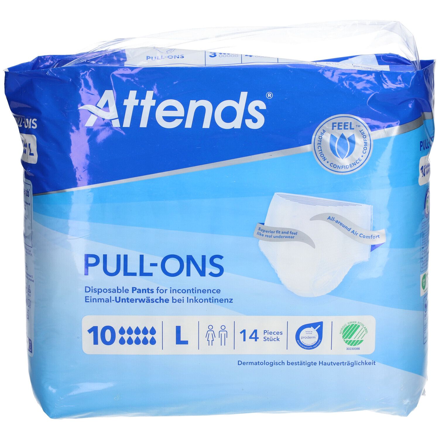 Attends® Slip Pull-Ons 10 L verpakking. Blauwe verpakking met productafbeelding. Tekst: PULL-ONS, 10, L, 14 stuks. Dermatologisch getest.