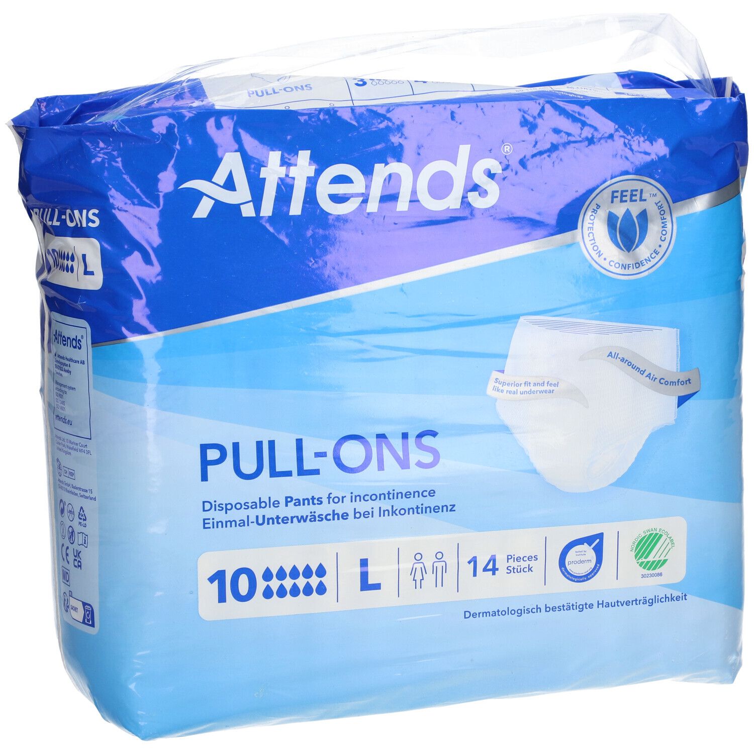 Attends® Slip Pull-Ons 10 L verpakking. Blauwe verpakking met productafbeelding. Tekst: PULL-ONS, 10, L, 14 stuks. Dermatologisch getest.