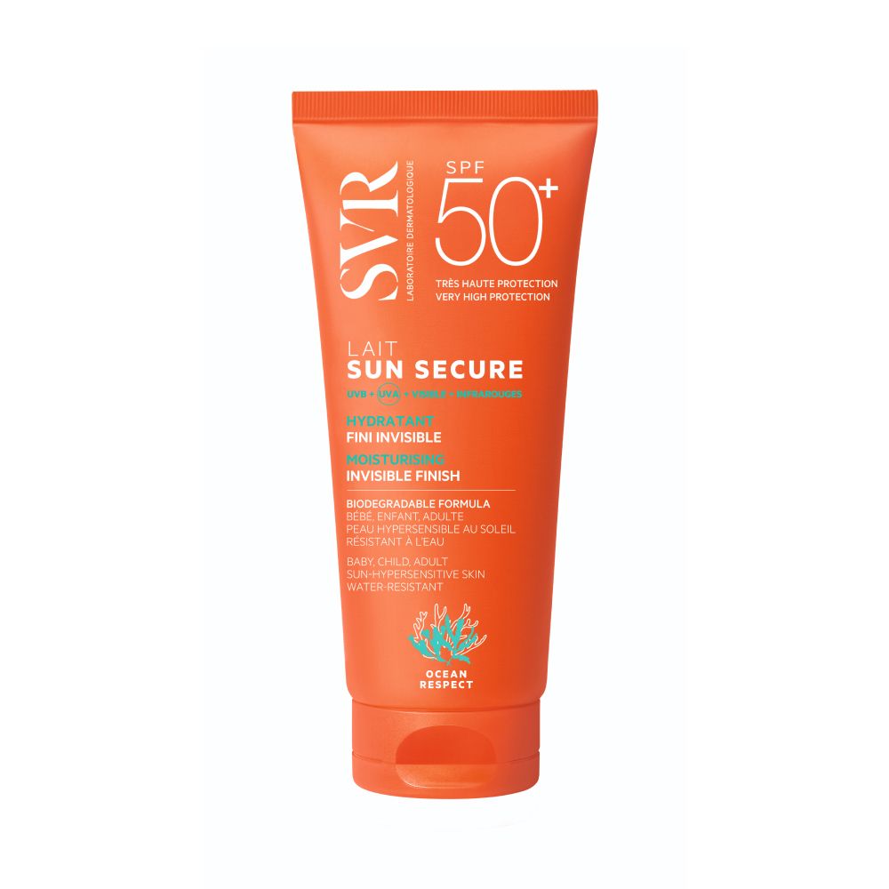 Tube orange SVR Sun Secure Lotion SPF50+. Texte: Lait Sun Secure, SPF50+, Fini Invisible, Biodégradable. Logo Ocean Respect.
