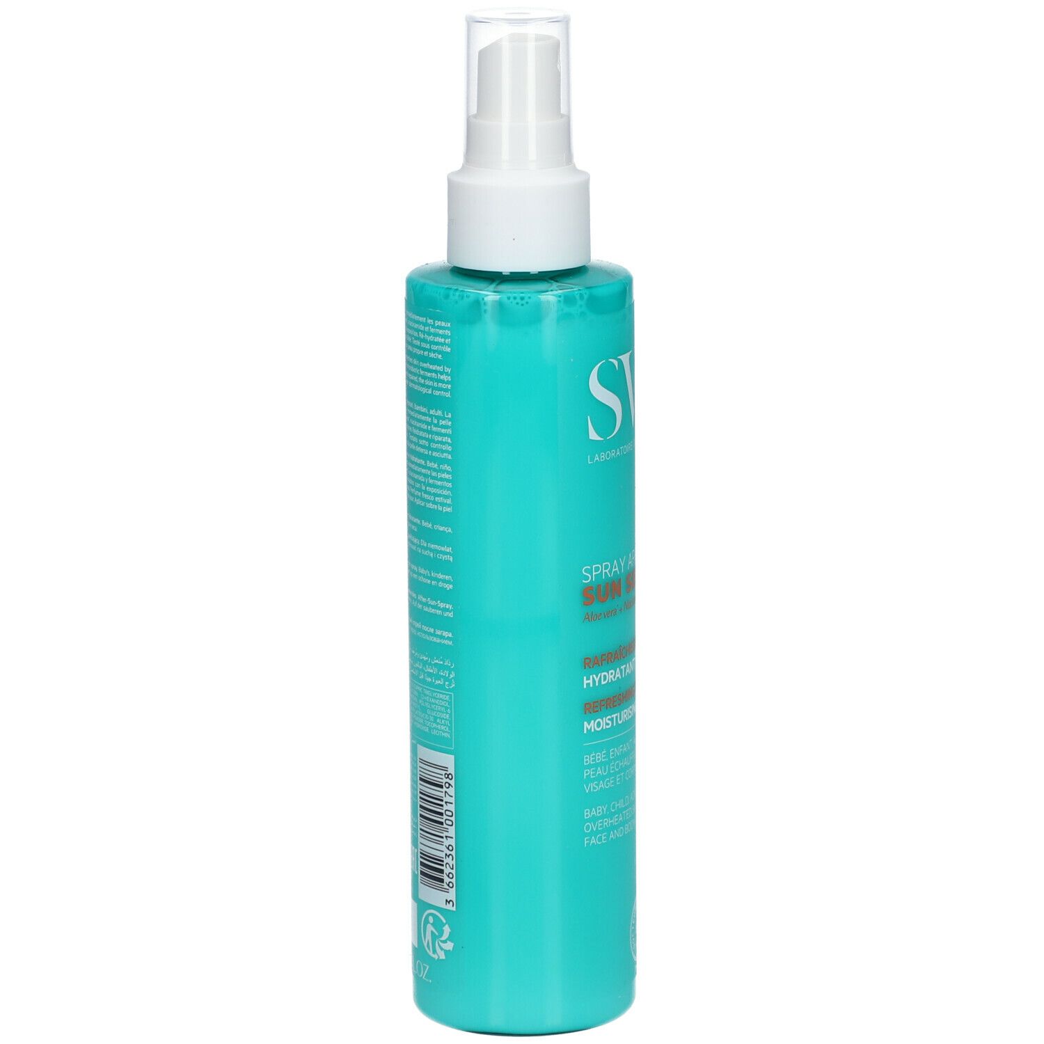 Turquoise sprayfles met witte sproeikop. Opschrift SVR, Sun Secure, Spray Après-Soleil. Tekst en barcode op de achterkant.