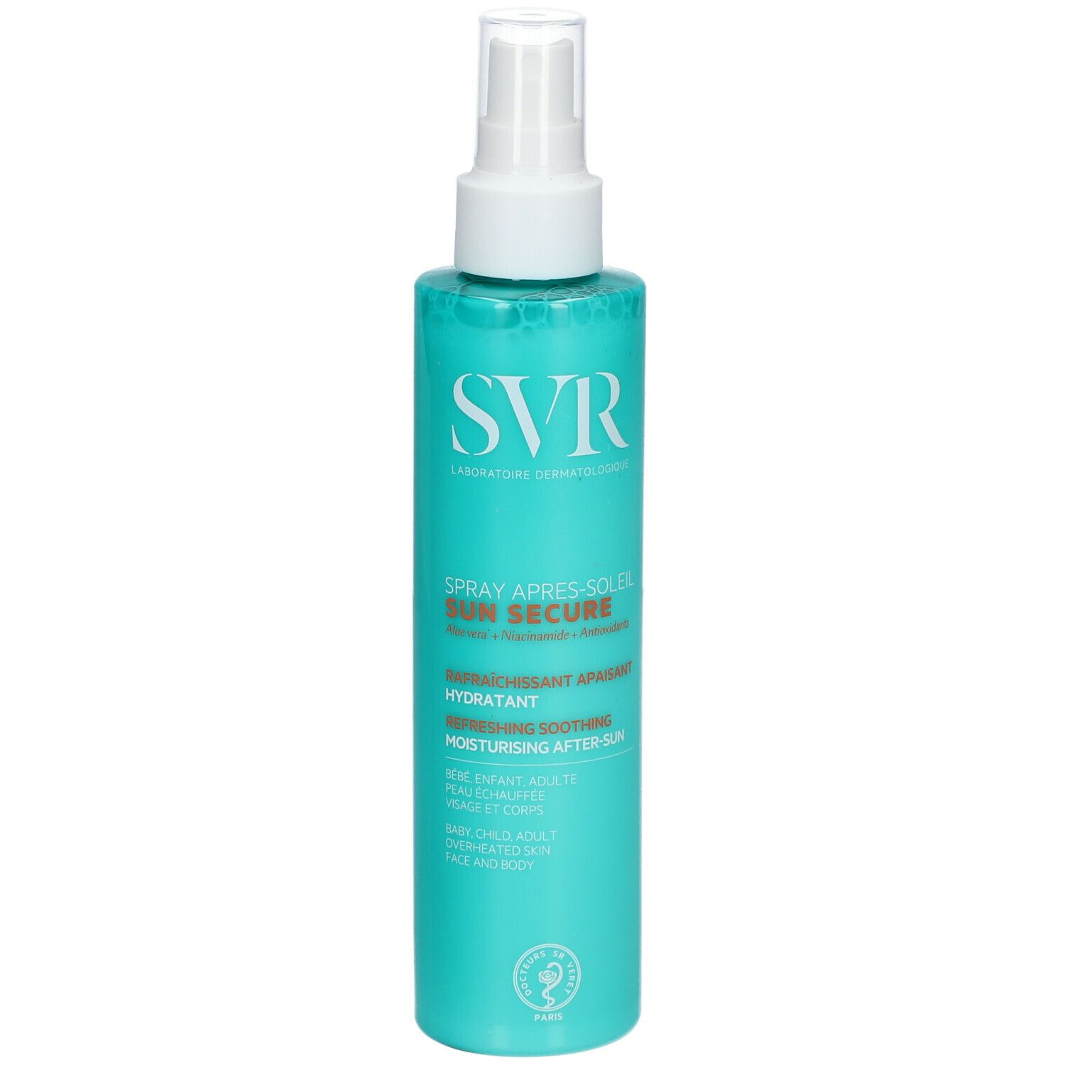 Turquoise sprayfles met witte sproeikop. Opschrift SVR, Sun Secure, Spray Après-Soleil. Certificeringslogo zichtbaar.