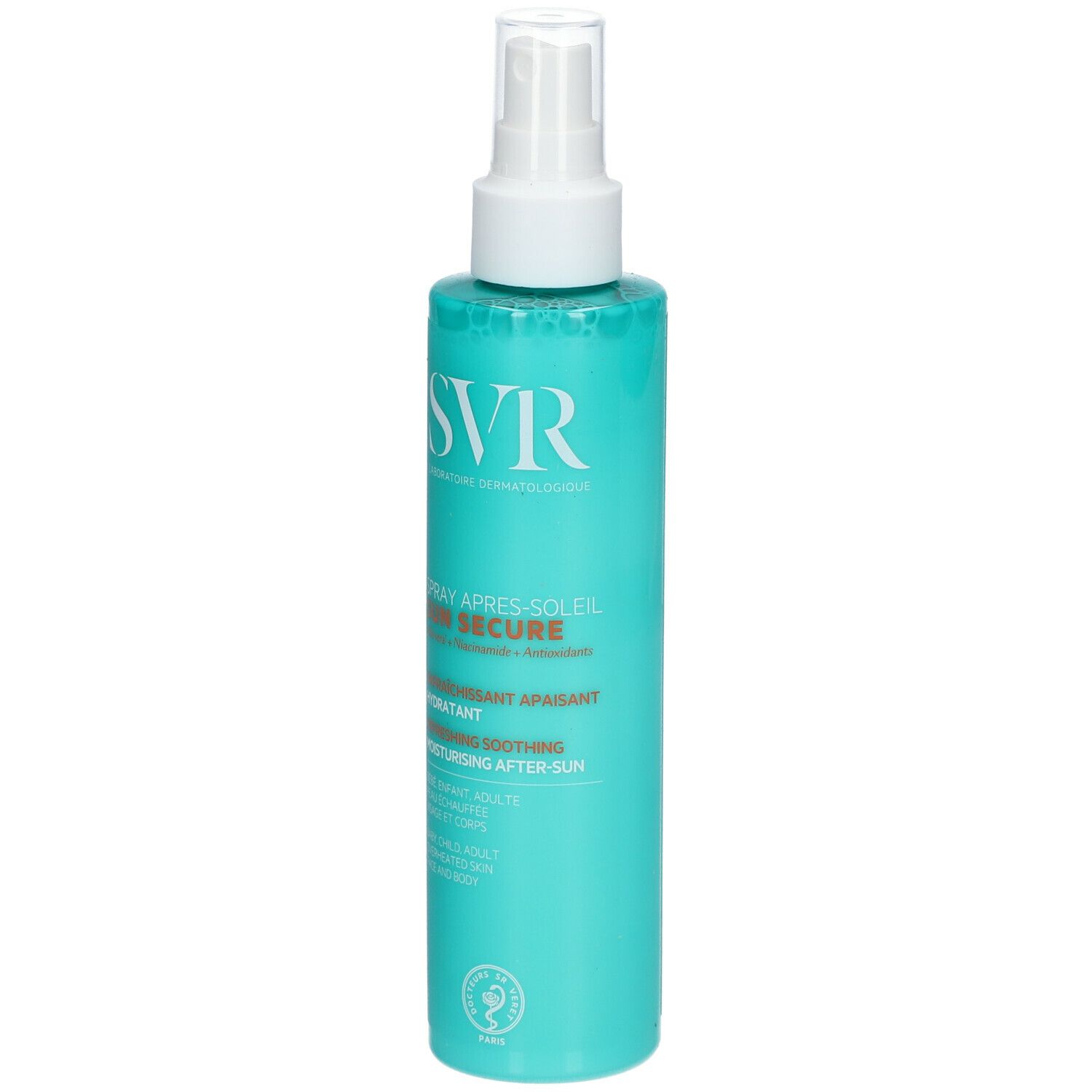 Turquoise sprayfles met witte sproeikop. Opschrift SVR, Sun Secure, Spray Après-Soleil. Certificeringslogo zichtbaar.