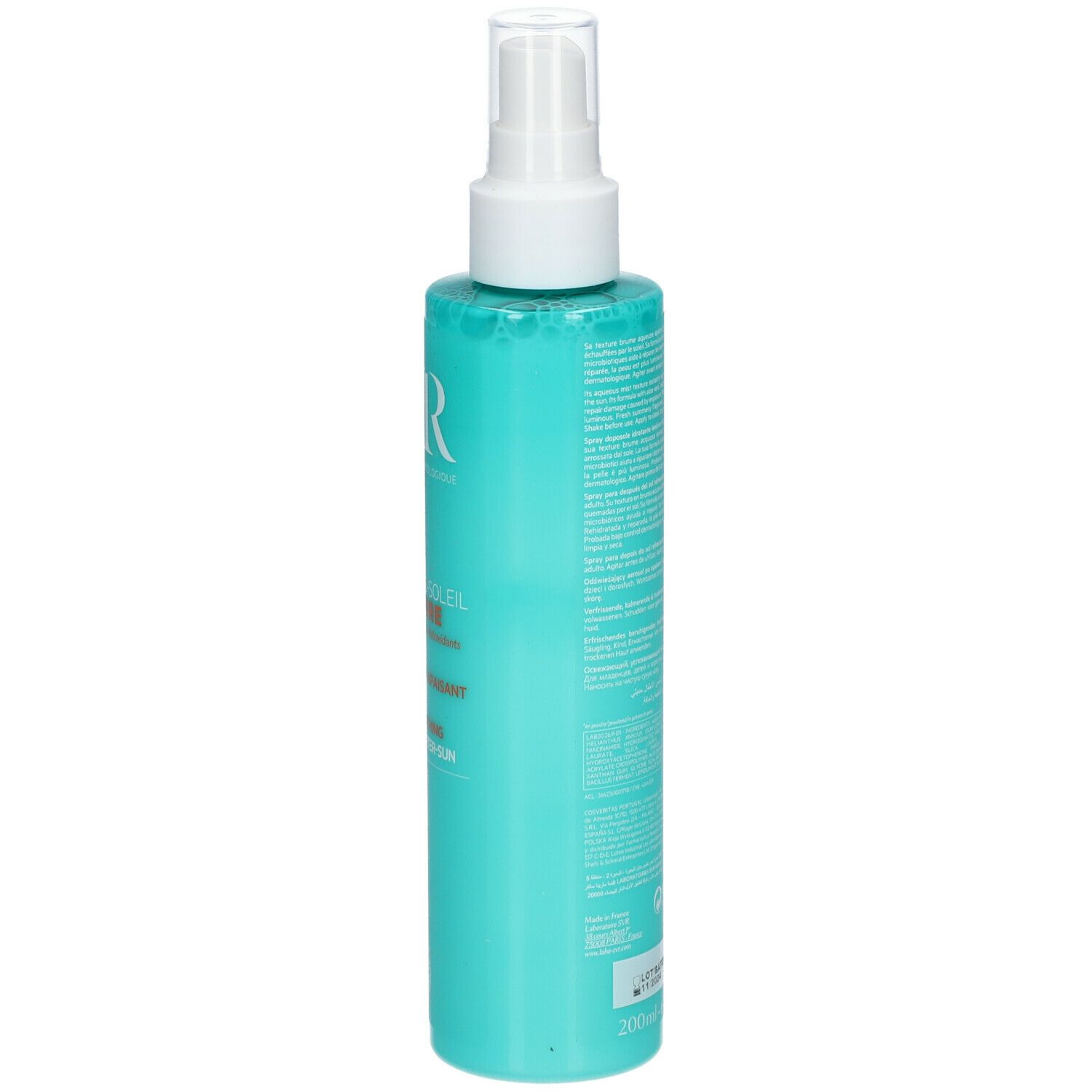 Turquoise sprayfles met witte sproeikop. Opschrift SVR, Sun Secure, Spray Après-Soleil. Tekst op de achterkant.