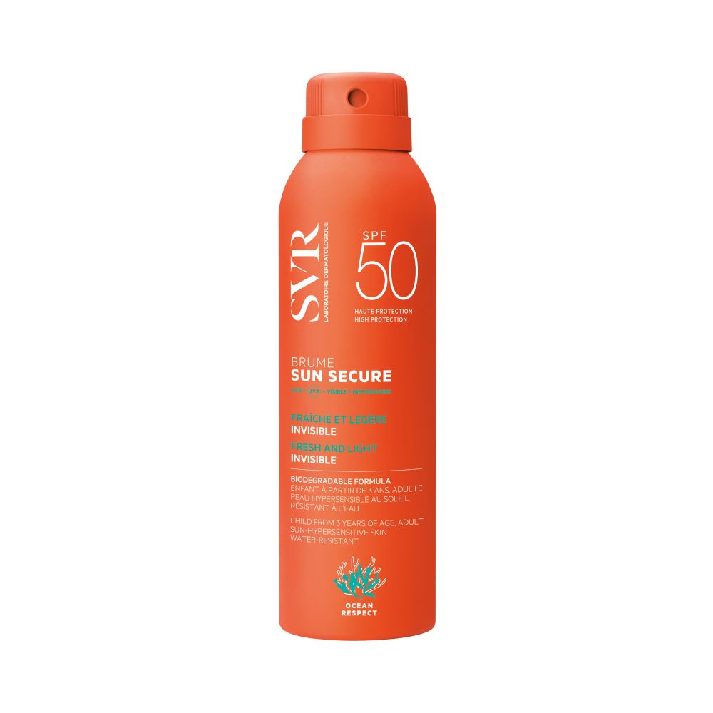 Flacon spray orange avec bouchon rouge. Inscriptions: SVR, SPF 50, SUN SECURE. Texte en français.