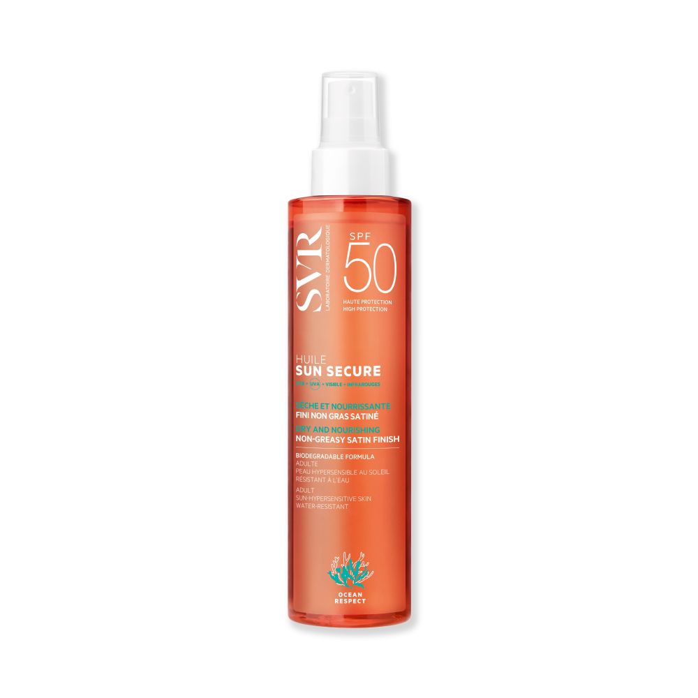 SVR Sun Secure Huile SPF50. Flacon orange avec vaporisateur blanc. Texte: SPF 50, Huile Sun Secure, Dry Satin Finish.