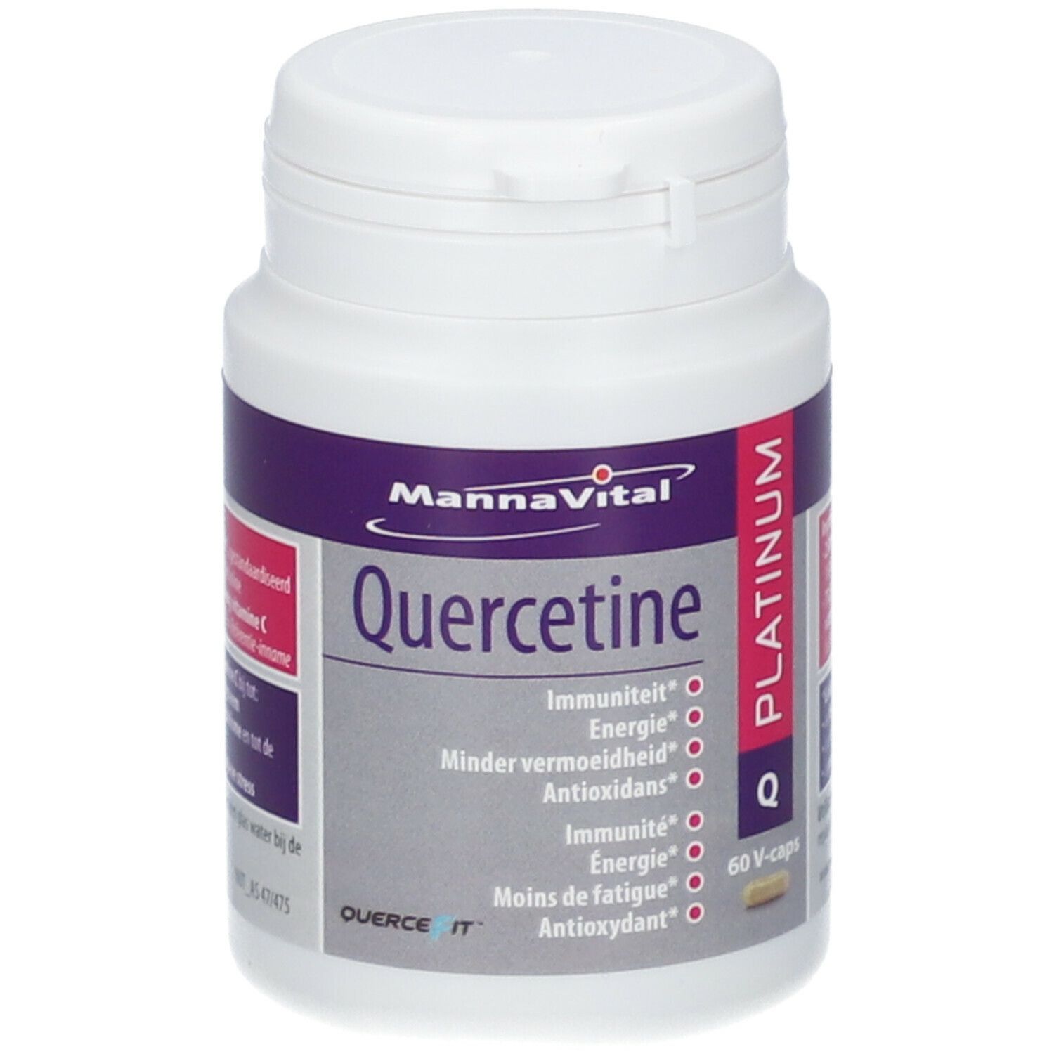 Witte fles Quercetine Platinum, 60 V-caps. Merk MannaVital. Bevat: Immuniteit, Energie, Minder vermoeidheid, Antioxidant.
