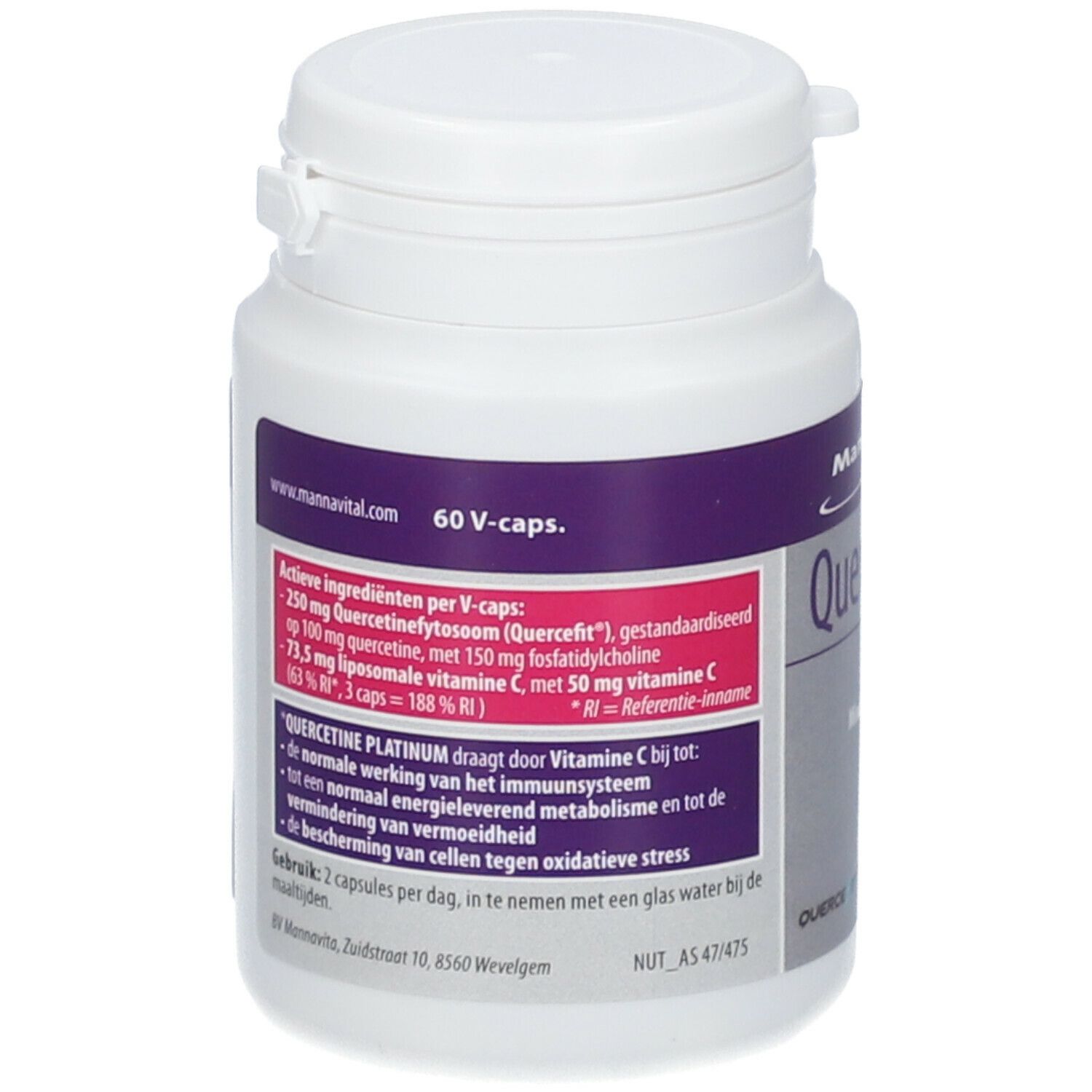 Achterkant fles Quercetine Platinum. Actieve ingrediënten, 60 V-caps. Merk MannaVital. Bevat: Immuniteit, Energie, Minder vermoeidheid, Antioxidant.