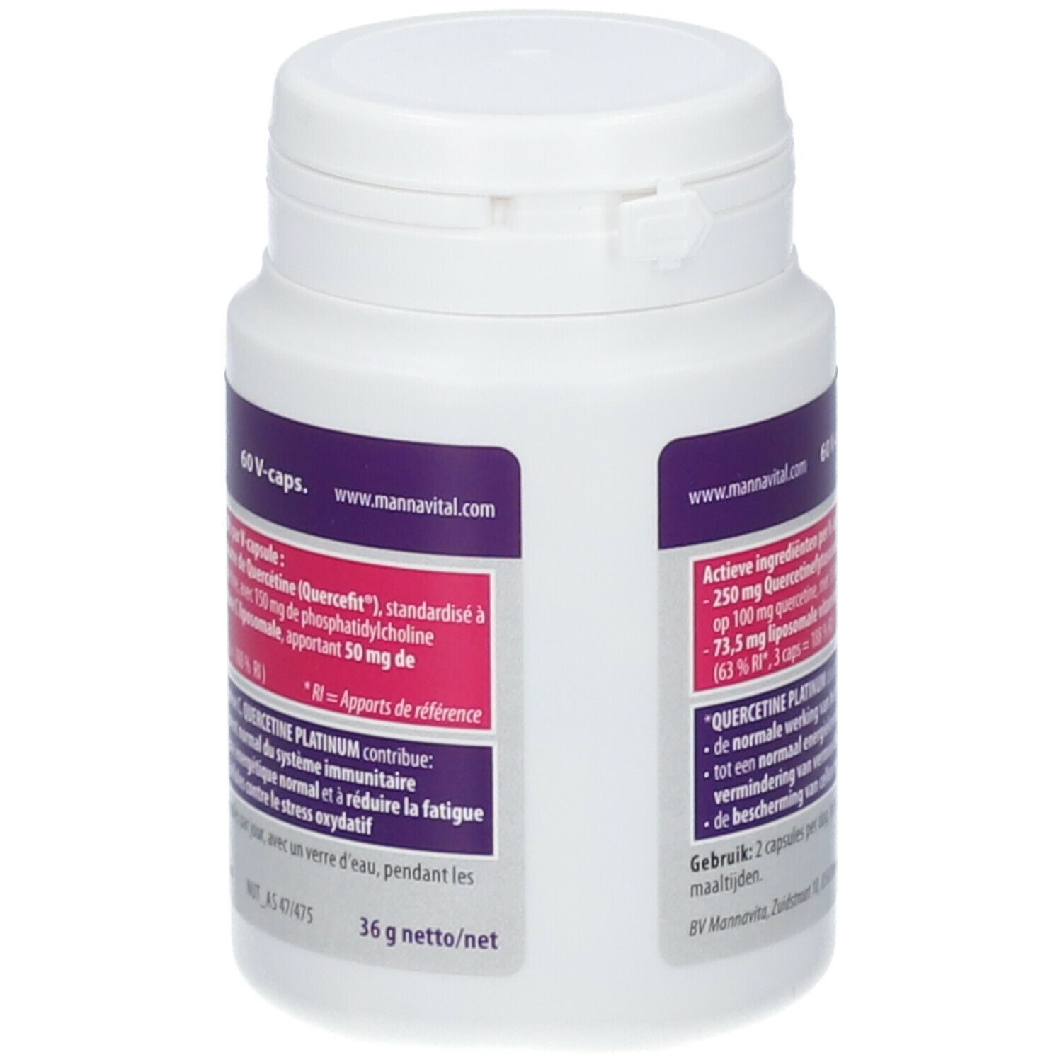 Achterkant fles Quercetine Platinum. Actieve ingrediënten, 36g netto. Merk MannaVital. Bevat: Immuniteit, Energie, Minder vermoeidheid, Antioxidant.