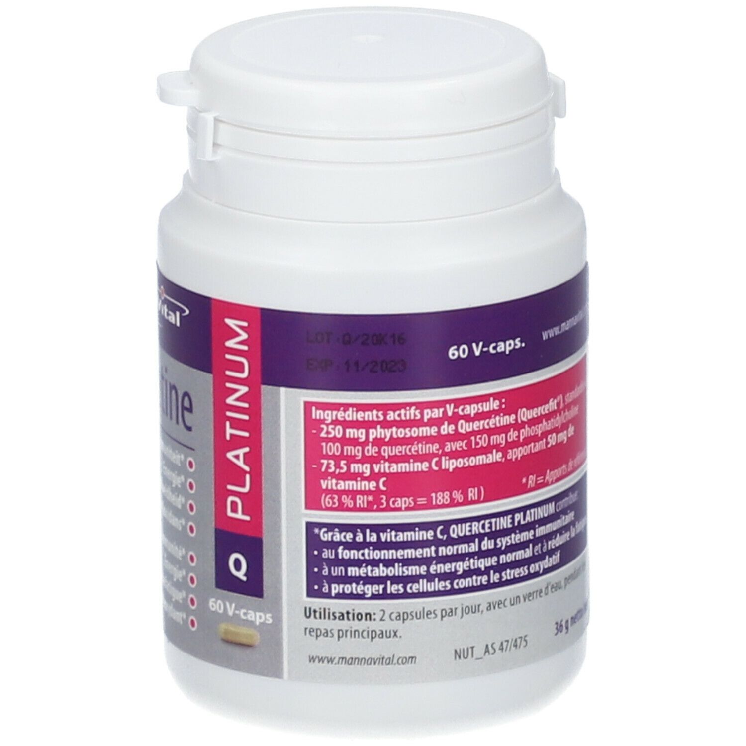 Achterkant fles Quercetine Platinum. Actieve ingrediënten, 36g netto. Merk MannaVital. Bevat: Immuniteit, Energie, Minder vermoeidheid, Antioxidant.