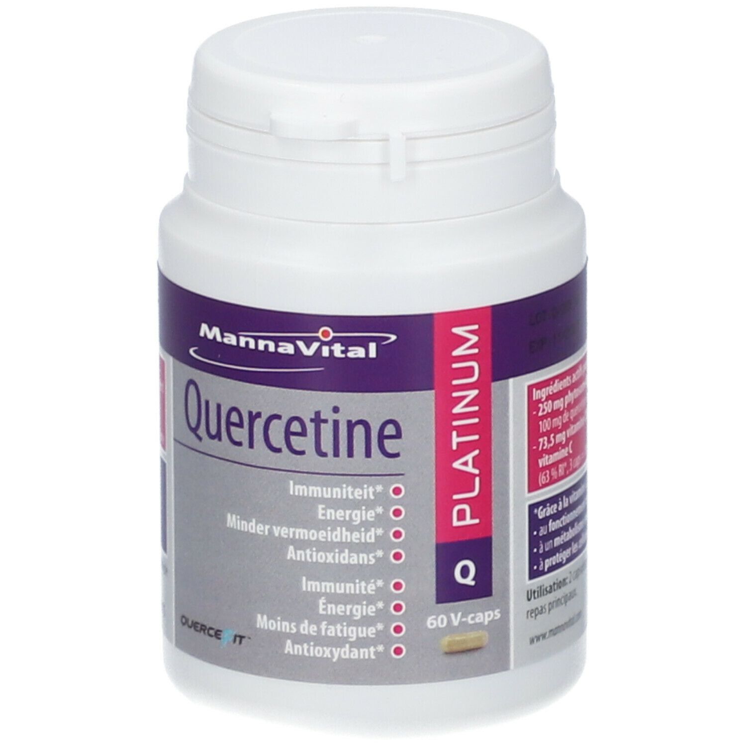 Fles Quercetine Platinum, 60 V-caps. Merk MannaVital. Bevat: Immuniteit, Energie, Minder vermoeidheid, Antioxidant.