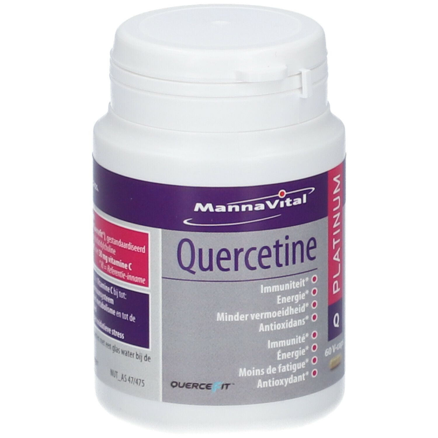 Fles Quercetine Platinum, 60 V-caps. Merk MannaVital. Bevat: Immuniteit, Energie, Minder vermoeidheid, Antioxidant.