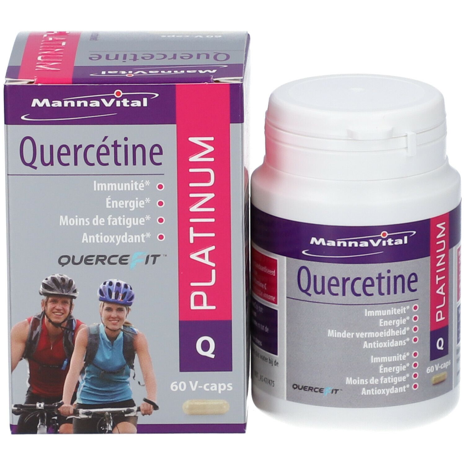 Verpakking en fles Quercetine Platinum, 60 V-caps. Merk MannaVital. Bevat: Immuniteit, Energie, Minder vermoeidheid, Antioxidant.