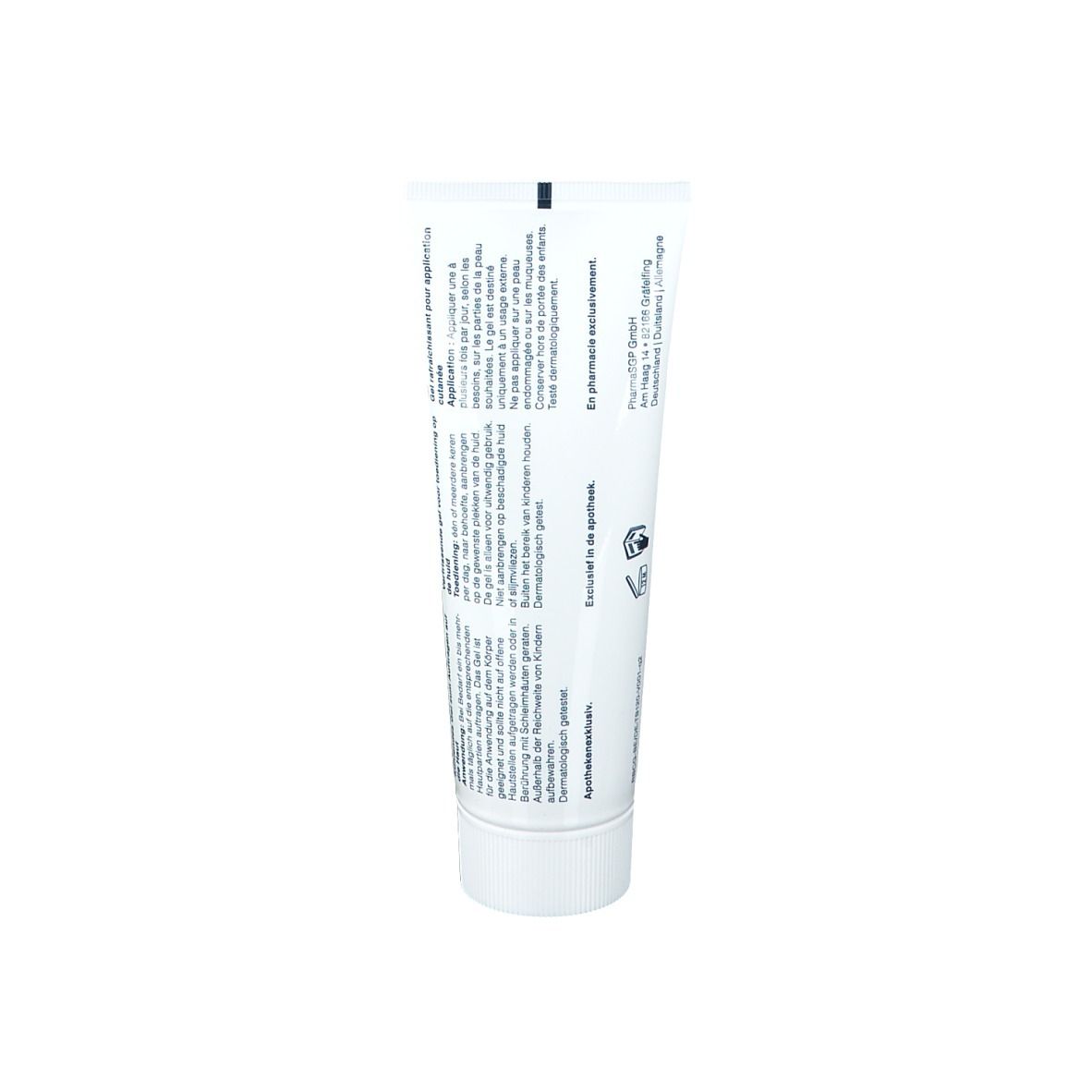 Rückseite der Tube. Text in mehreren Sprachen. Enthält Informationen zum Produkt.