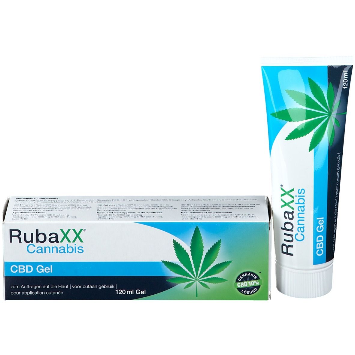 Produktverpackung und Tube. Verpackung: RubaXX Cannabis CBD Gel. Tube: gleiche Gestaltung.