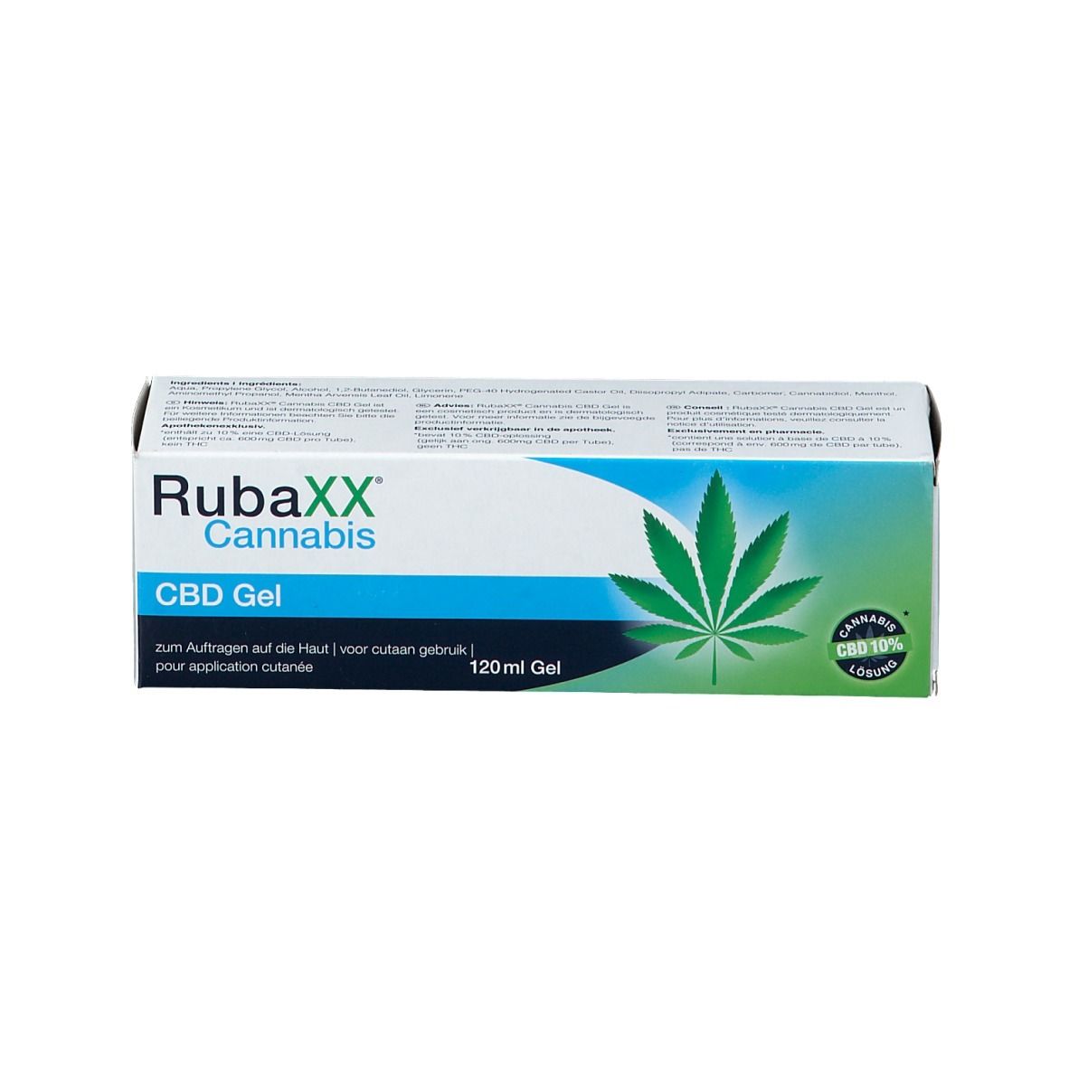 Produktverpackung. Aufschrift: RubaXX Cannabis CBD Gel. Grünes Cannabis-Blatt-Motiv. Enthält 120ml Gel.