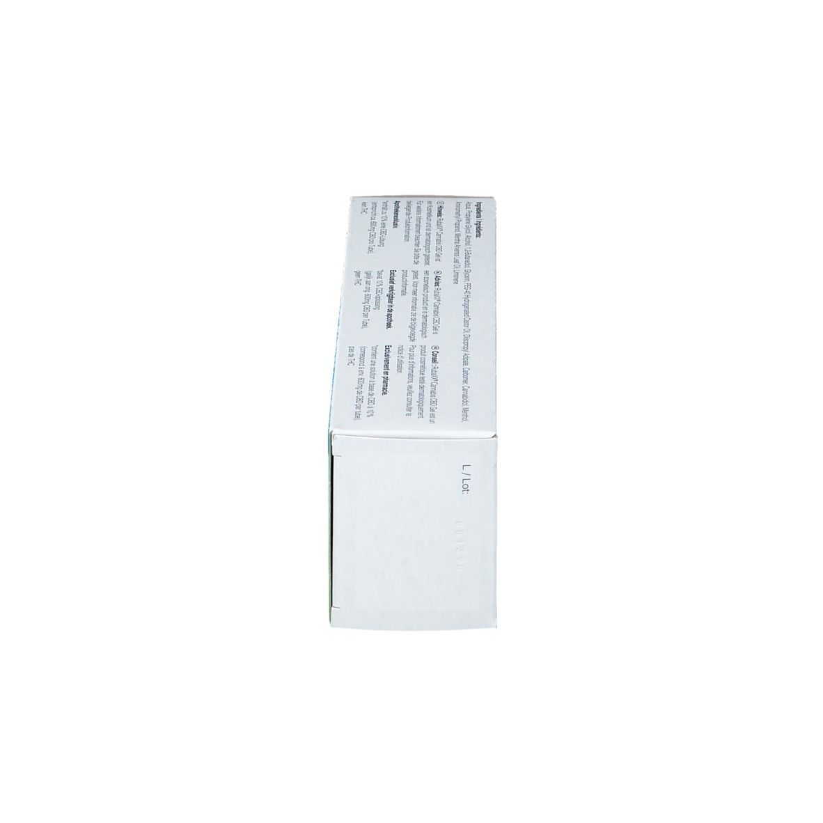 Seitenansicht der Produktverpackung. Text in mehreren Sprachen. Enthält Produktinformationen.