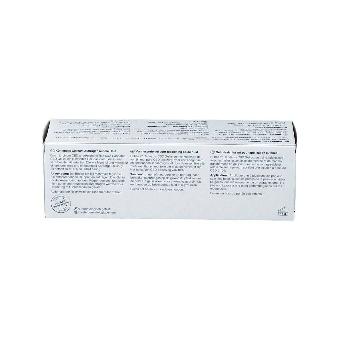 Rückseite der Produktverpackung. Text in mehreren Sprachen. Enthält Produktinformationen.