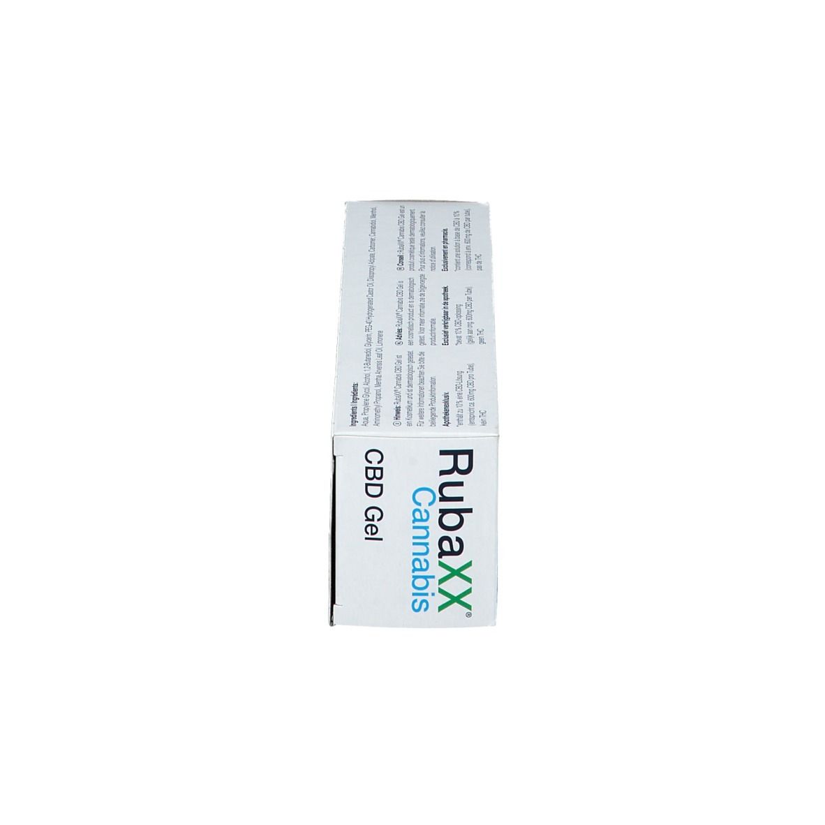 Seitenansicht der Produktverpackung. Aufschrift: RubaXX Cannabis CBD Gel. CBD Gel.