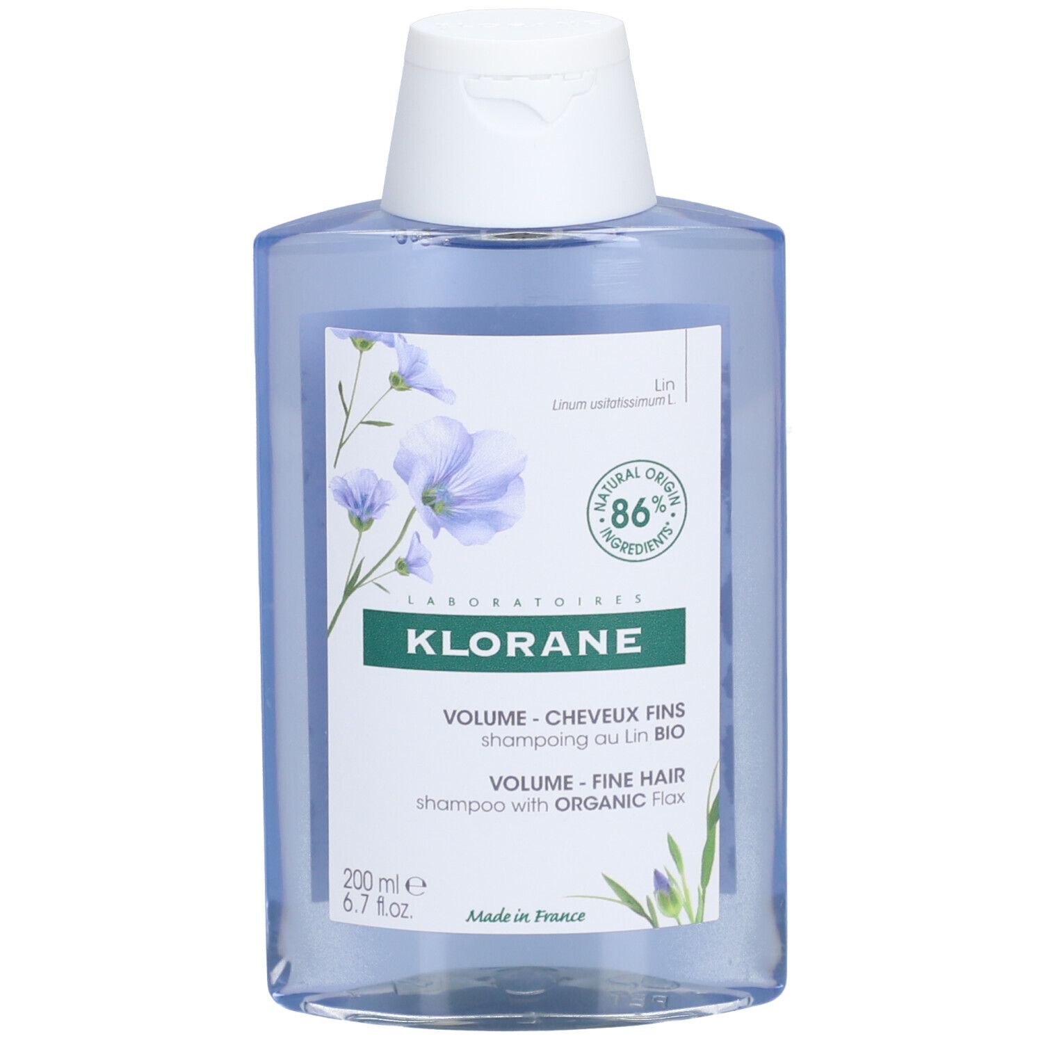 Flacon de shampooing Klorane Bio Leinsamen Volumen. Étiquette avec illustration florale et texte. 86% ingrédients naturels.