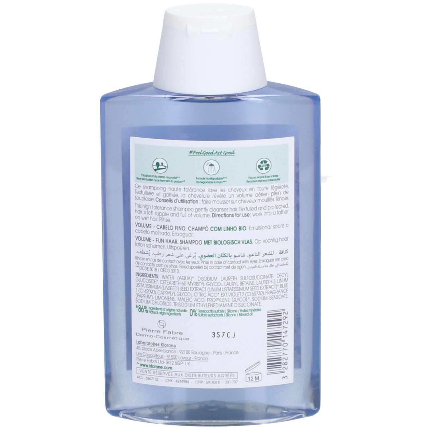 Dos du flacon de shampooing Klorane Bio Leinsamen Volumen. Texte et informations sur les ingrédients et le recyclage.