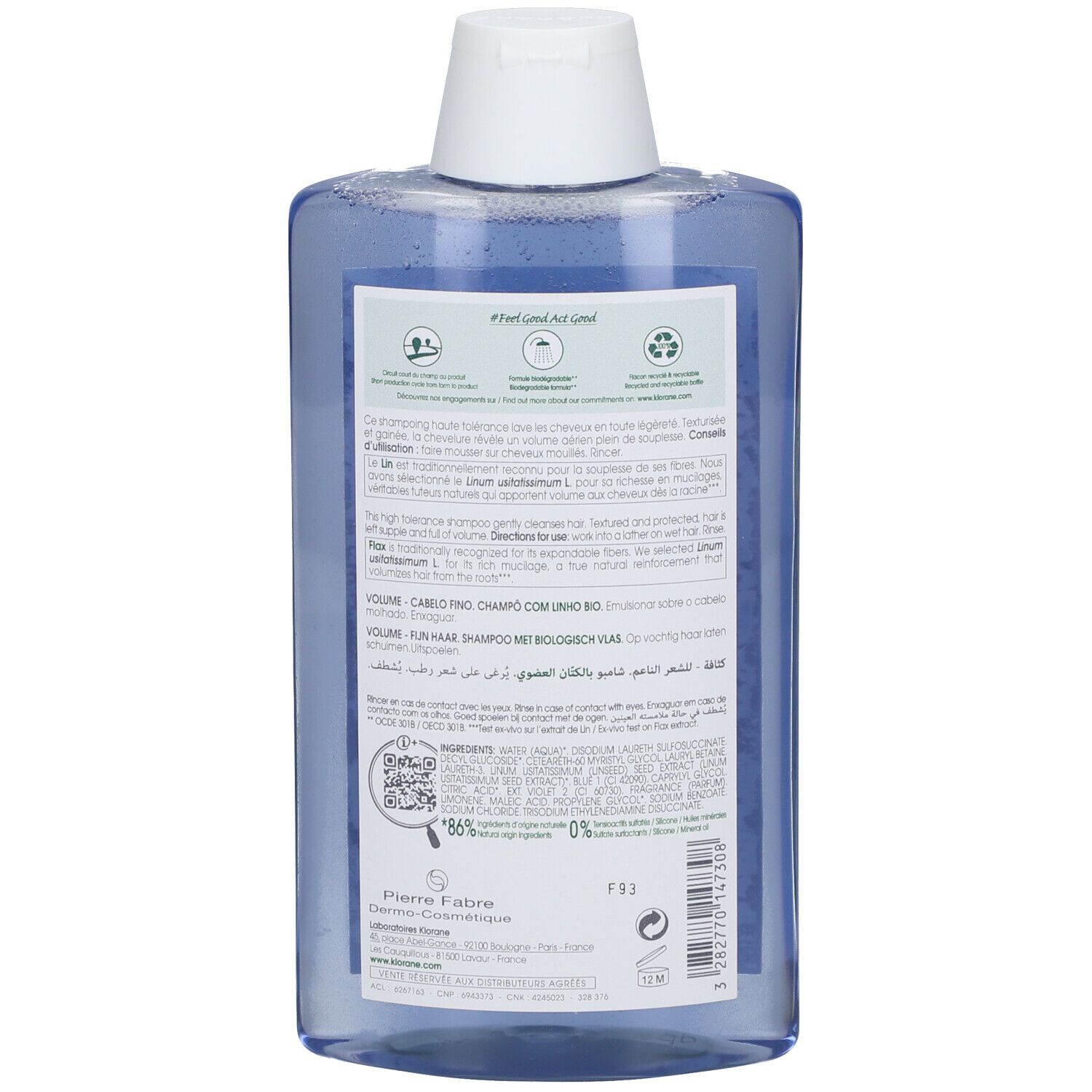 Achterkant Klorane Volume Shampoo Vlas fles. Tekst en logo's op blauwe achtergrond. QR-code en recyclingsymbolen.