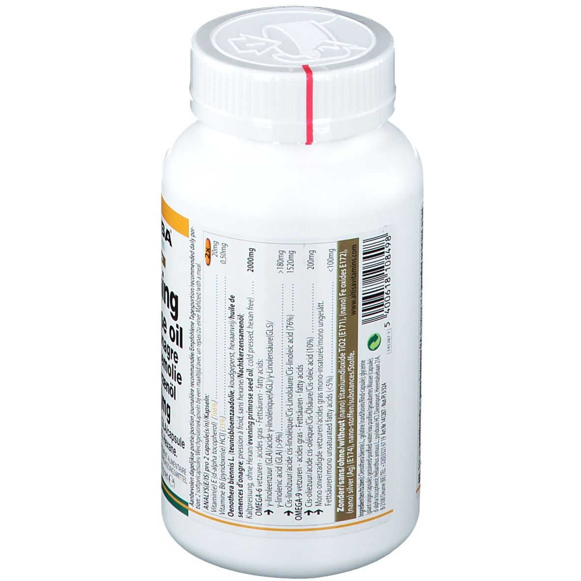 Achterkant van de witte fles met ALTISA Vitamins. Bevat informatie over ingrediënten en voedingswaarden.