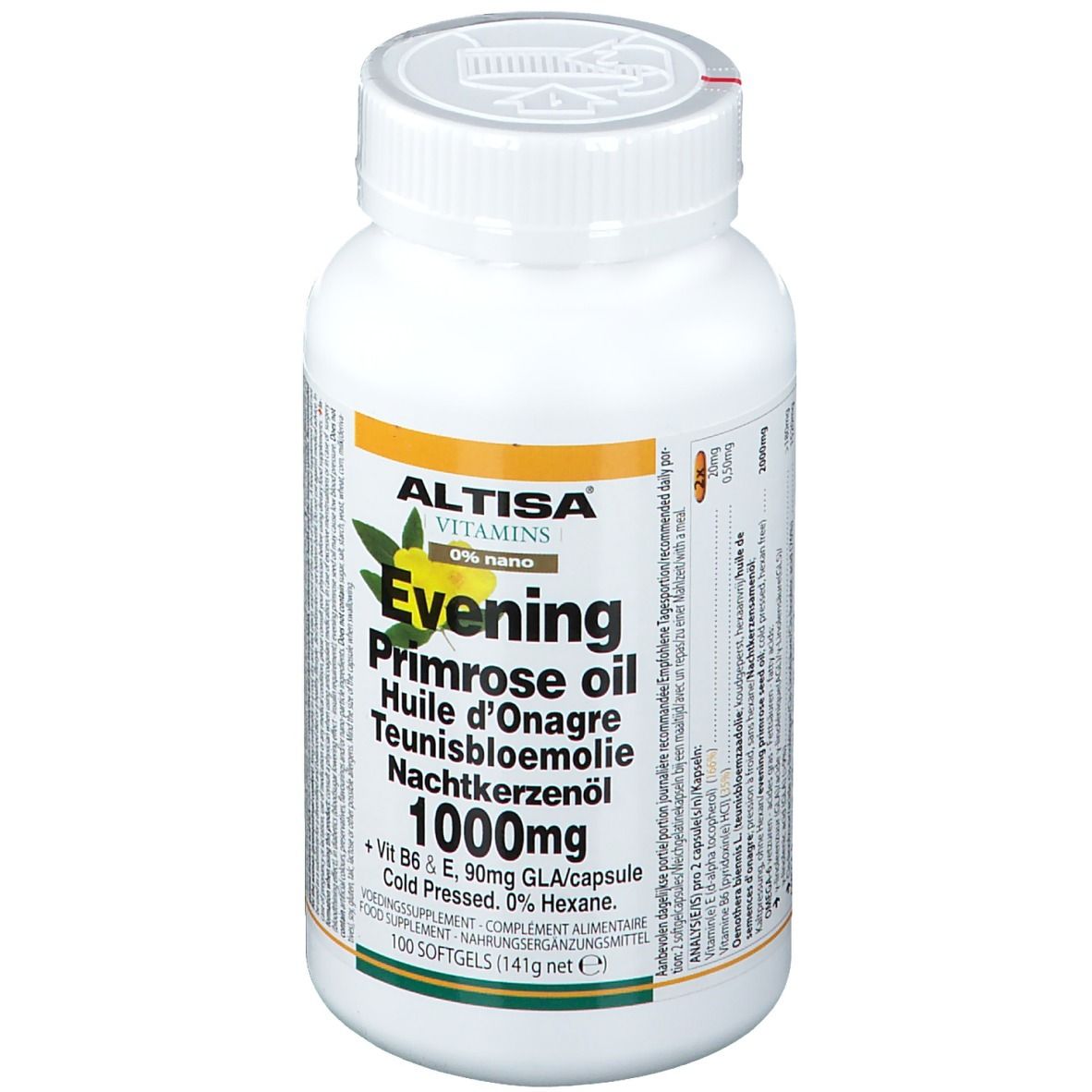 Witte fles met etiket ALTISA Vitamins, Evening Primrose Oil, 1000mg. 100 softgels.