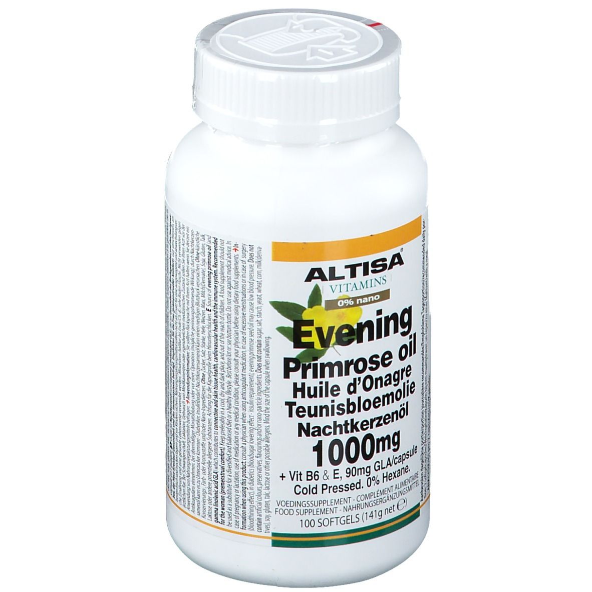 Witte fles met etiket ALTISA Vitamins, Evening Primrose Oil, 1000mg. 100 softgels.