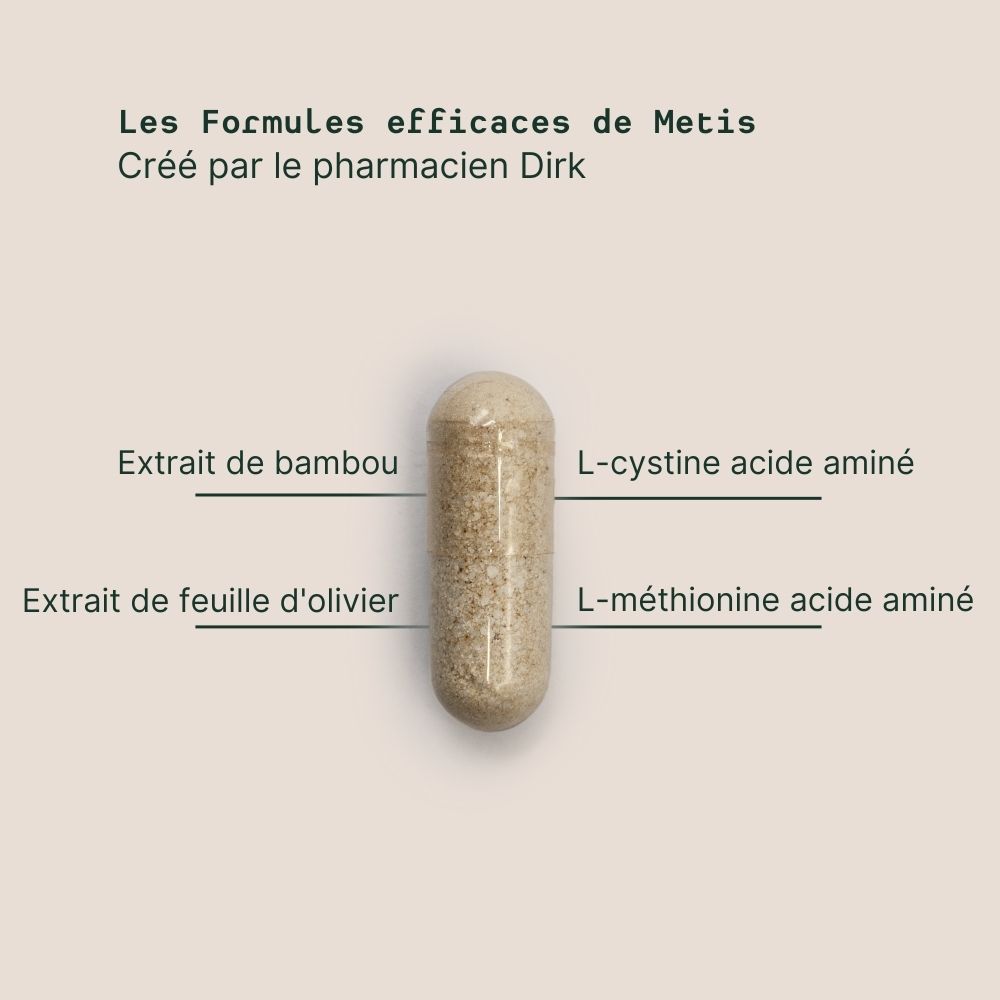 Capsule met labels: Bamboe-extract, Olijfbladextract, L-cysteine, L-methionine.
