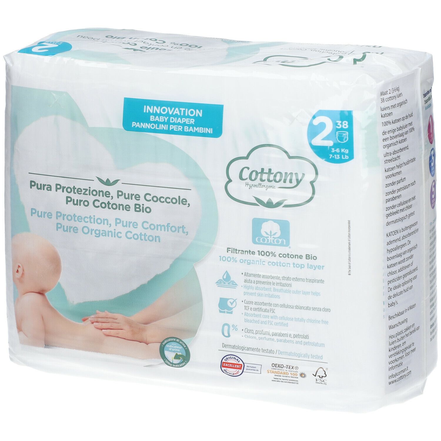 Couches Cottony taille 2, 3-6 kg. Emballage avec texte italien. Pur coton bio. 38 pièces.