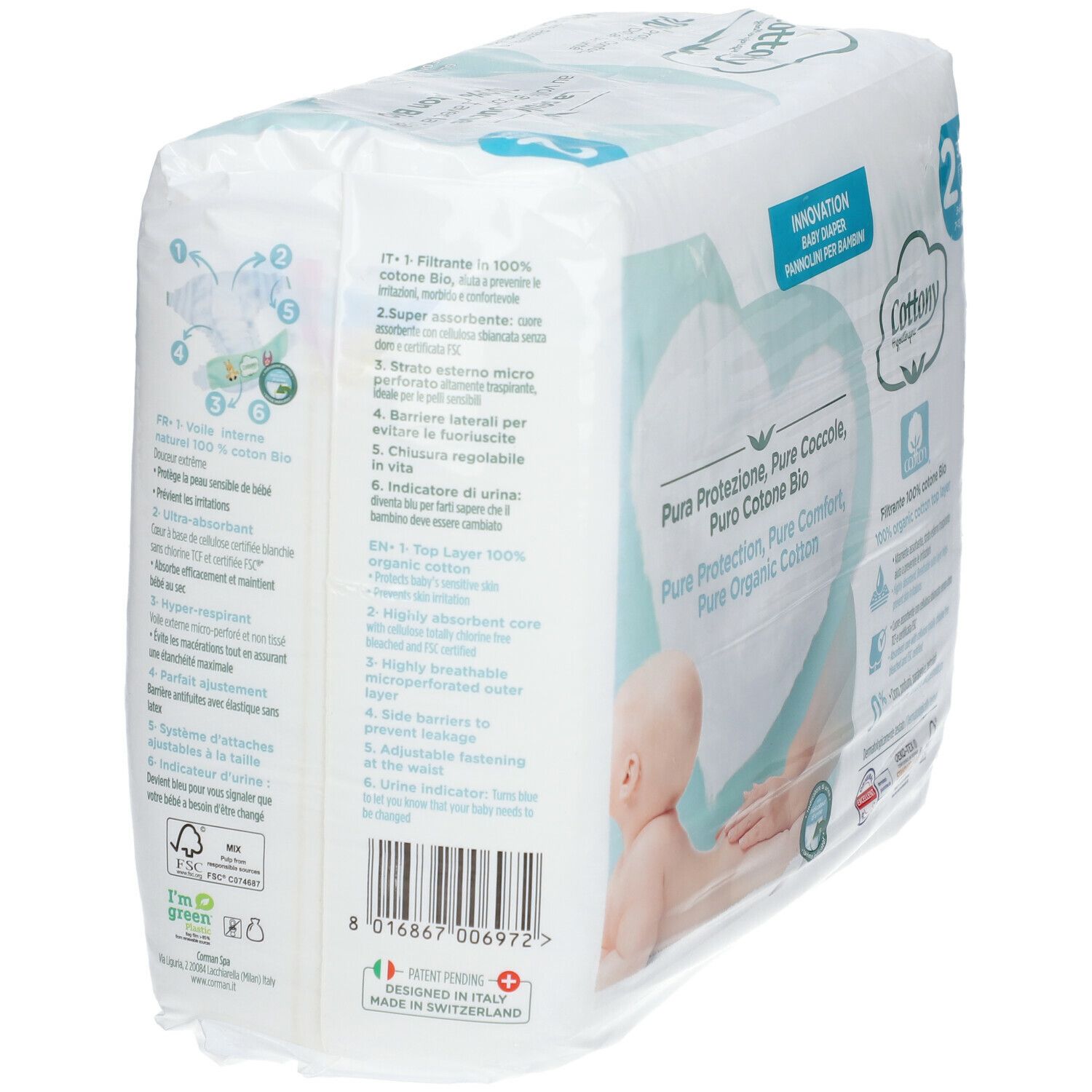Couches Cottony taille 2, 3-6 kg. Emballage avec informations détaillées. Pur coton bio. 38 pièces.