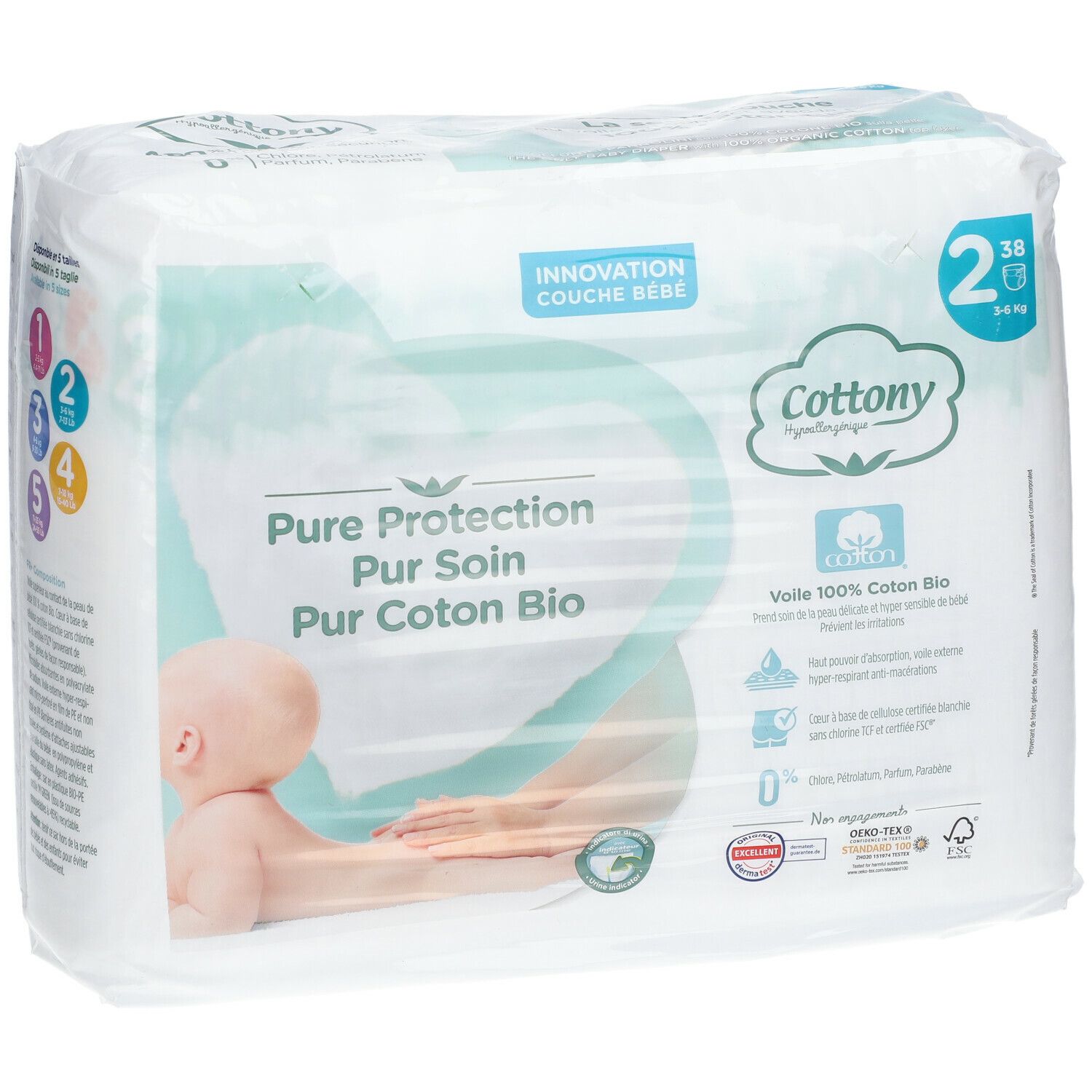 Couches Cottony taille 2, 3-6 kg. Emballage avec indications de tailles. Pur coton bio. 38 pièces.