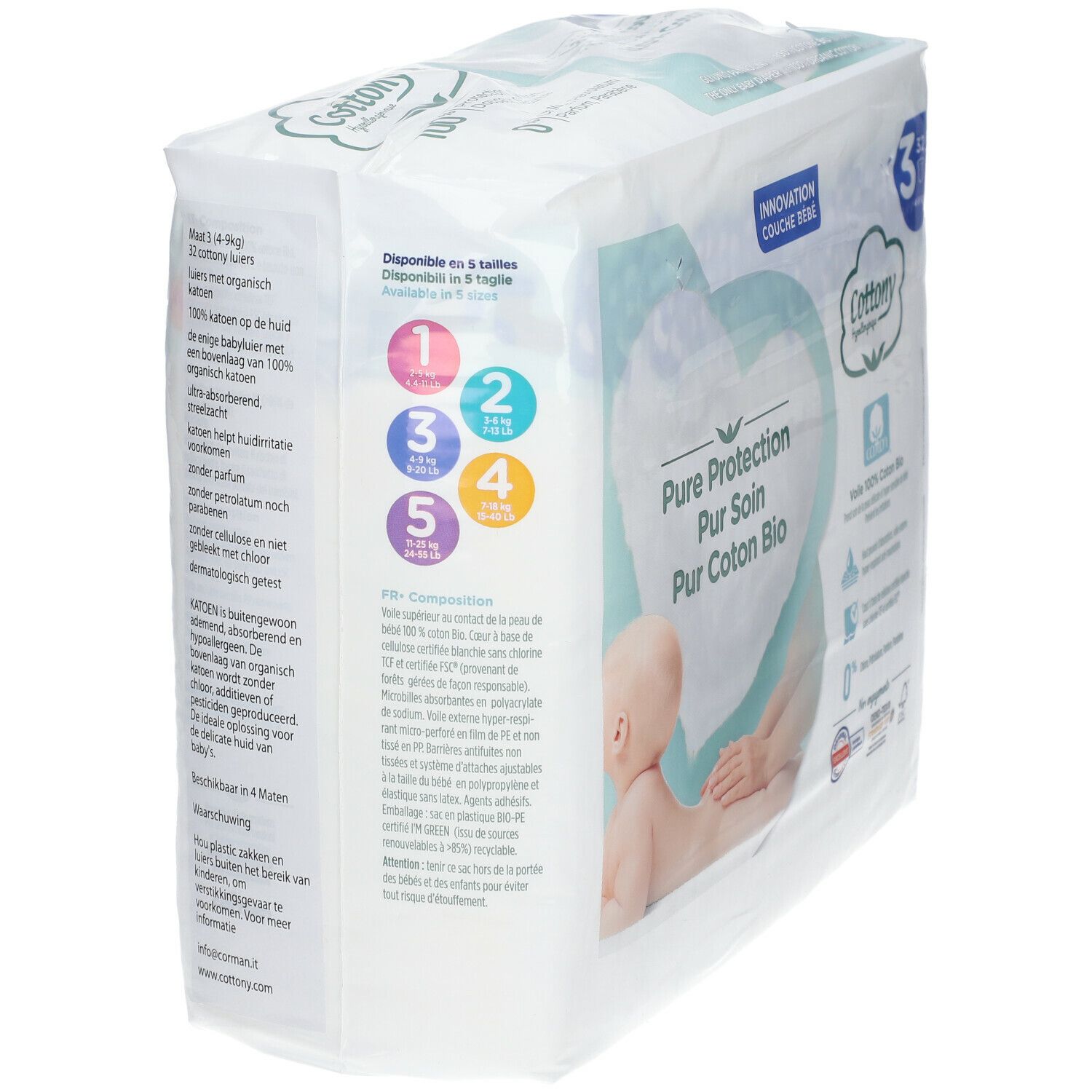 Verpakking Cottony luiers, maat 3, 4-9 kg. Opschrift: Pure Protection, Pur Coton Bio. Maten 1-5. Plastic verpakking.