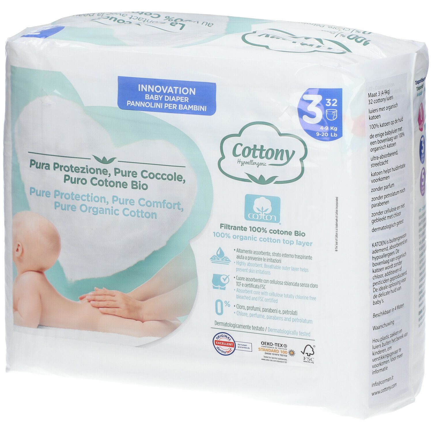 Verpakking Cottony luiers, maat 3, 4-9 kg. Opschrift: Pure Protection, Pure Coccole, Puro Cotone Bio. 32 stuks. Plastic.