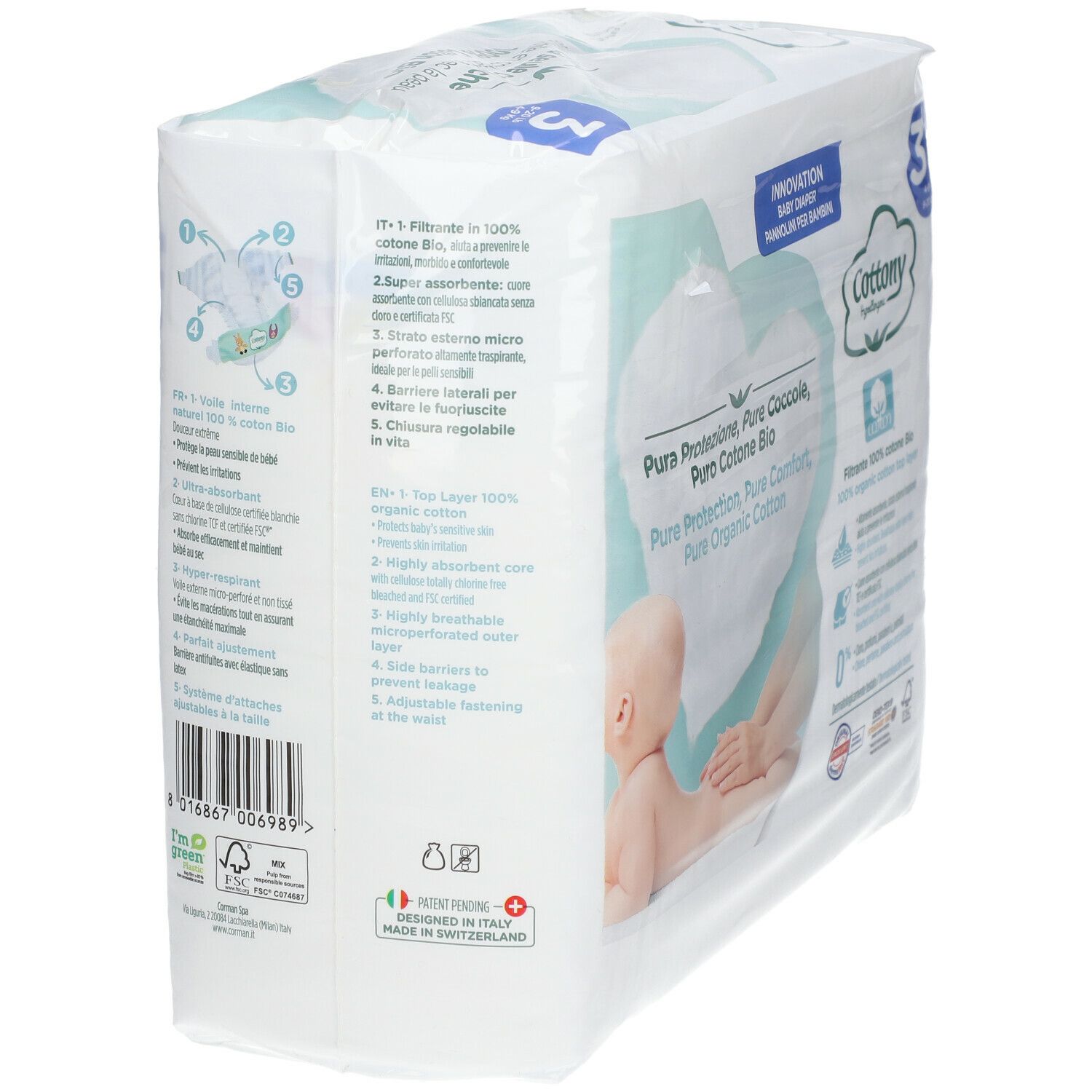 Verpakking Cottony luiers, maat 3, 4-9 kg. Opschrift: Pure Protection, Pure Coccole, Puro Cotone Bio. Detailweergave. Plastic.
